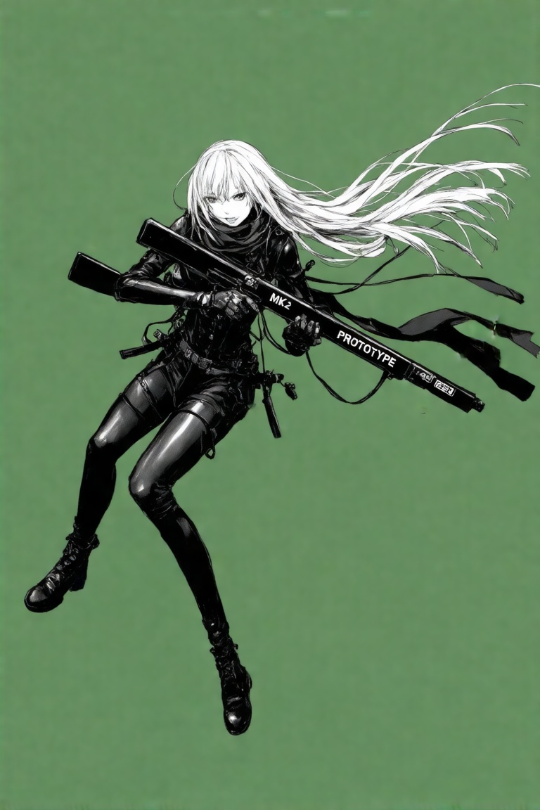 This image is a black-and-white digital drawing by Tsutomu Nihei ,  featuring a female warrior character with a fierce,  d...