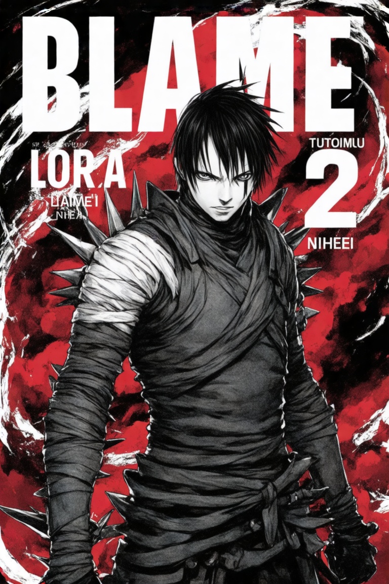 A monochrome digital drawing for the magazine Blame! by Tsutomu Nihei The central figure is Guts,  a muscular and intense...