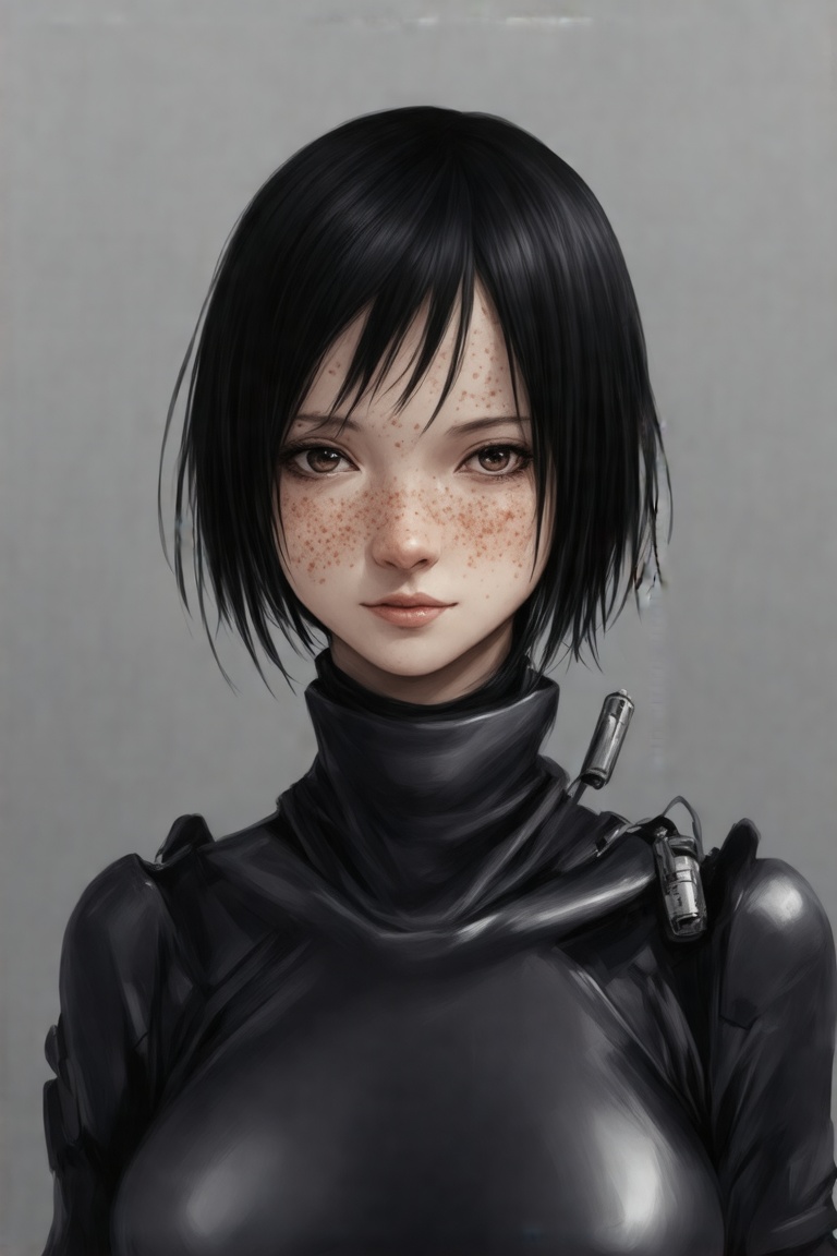 This image is a digital drawing in a semi-realistic style by Tsutomu Nihei ,  showcasing a close-up of a young woman's hea...