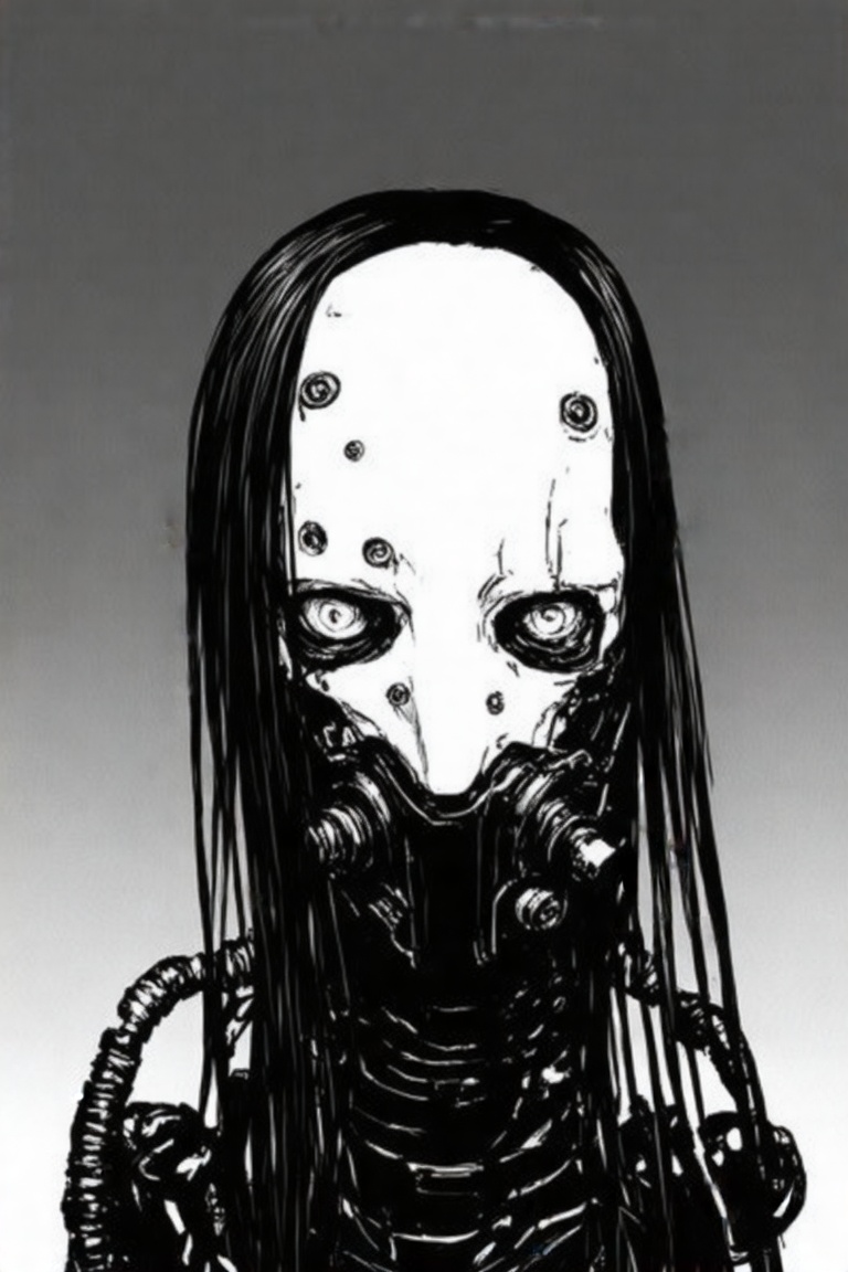 This image is a black and white manga-style drawing by tsutomu nihei,  characterized by its high-contrast,  heavily shaded...