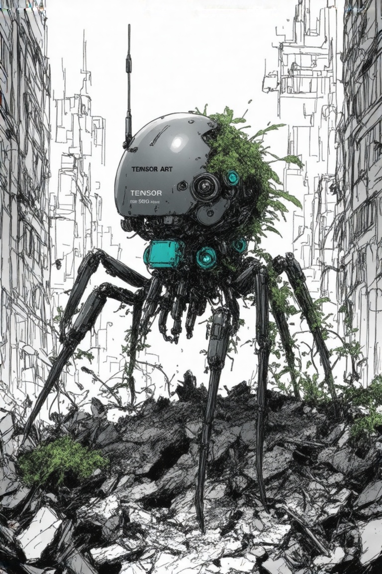 This is mostly black and white,  highly detailed manga illustration depicting a tiny,  nihei mechanical creature nihei in...