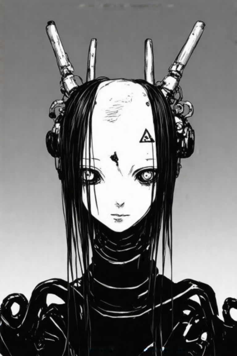 This image is a black-and-white digital drawing by tsutomu nihei in a manga monochrome style,  featuring a character with...