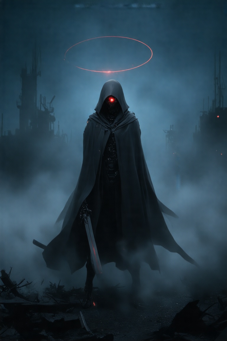 nihei humanoid robot clad in a dark,  hooded cloak that billows in the wind,  suggesting movement. The nihei head is shrou...