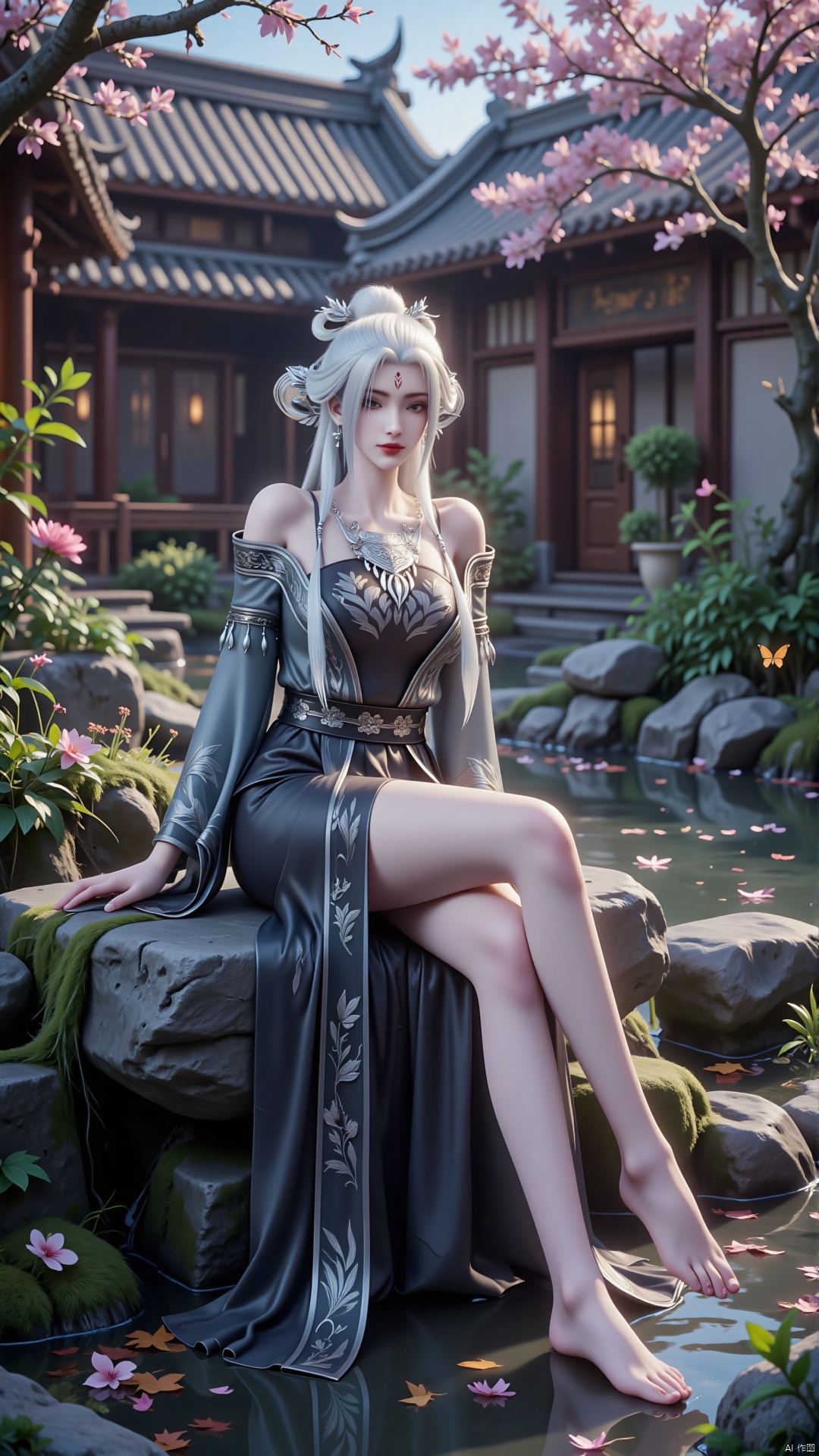 Depth of field, ultra clear, ultra-high resolution, 8k, well structured, masterpiece, surrealism, details, textures, conceptual artwork, atmosphere, clear background, film lighting technology.
1girl, solo, a girl sitting on a stone in the yard. Vibrant colors. Gradient perspective, gradient posture, white hair, hair accessories, necklace around the neck. Jewelry, earrings, black strapless dress, long skirt. The clothes are embroidered with white patterns. Silk material clothing, long sleeves, waistband. Pale face, snow-white skin, pink eyes, a red mark on the forehead, red lips, eye shadow. Beauty makeup. Bare legs, bare feet, slender legs, perfect body proportions, slim.
Chinese style courtyard, with ponds, cherry blossoms, stones, moss, fallen leaves, leaves and petals on the water surface, butterflies, and nature indoors and in the courtyard.