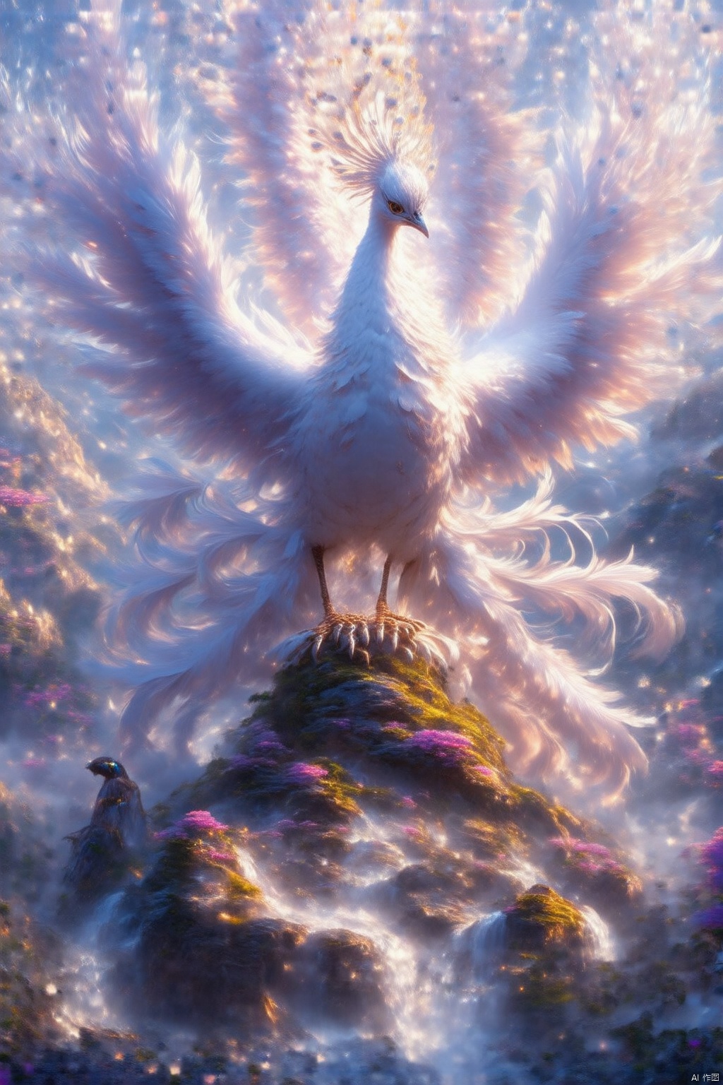 Mythical beasts,a white peacock is perched on a rock formation,its wings spread wide open. The peacock's feathers are a vibrant shade of pink,adding a pop of color to the scene. The bird's head is adorned with a bright yellow crown