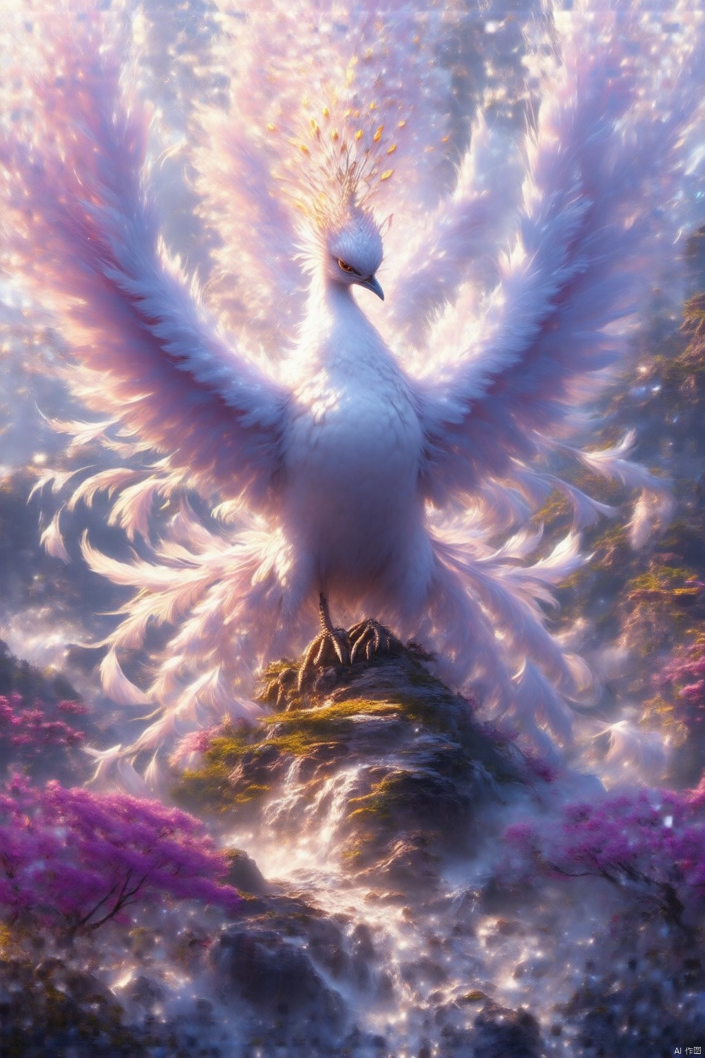 Mythical beasts,a white peacock is perched on a rock formation,its wings spread wide open. The peacock's feathers are a vibrant shade of pink,adding a pop of color to the scene. The bird's head is adorned with a bright yellow crown