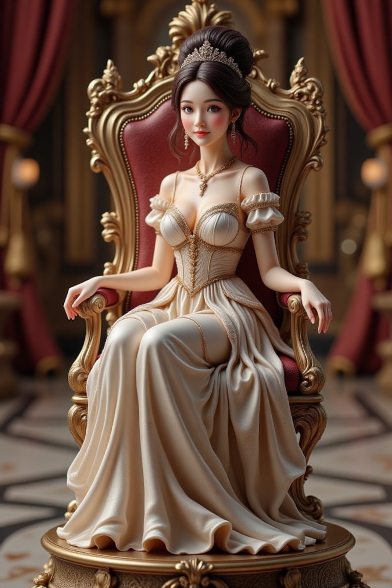An exquisitely detailed resin figure of a princess seated gracefully on a finely crafted chair,  captured in an elegant an...
