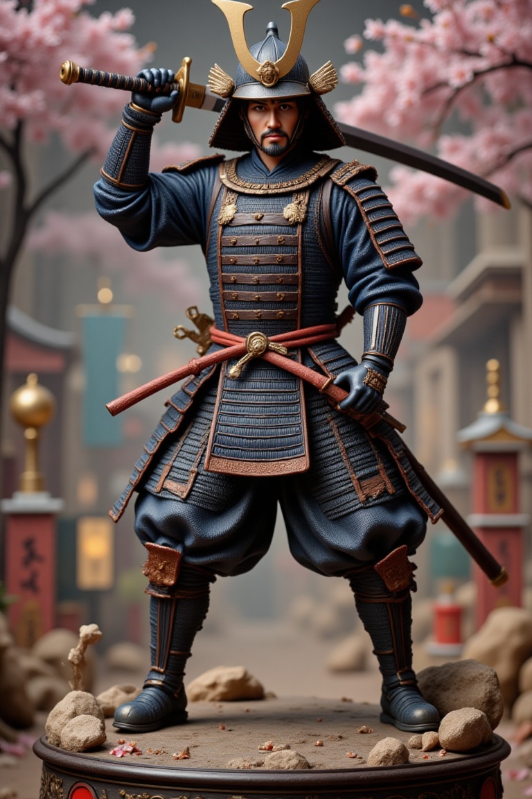 An exquisitely detailed resin figure of a samurai warrior stands in a poised and powerful stance. He wears traditional sam...