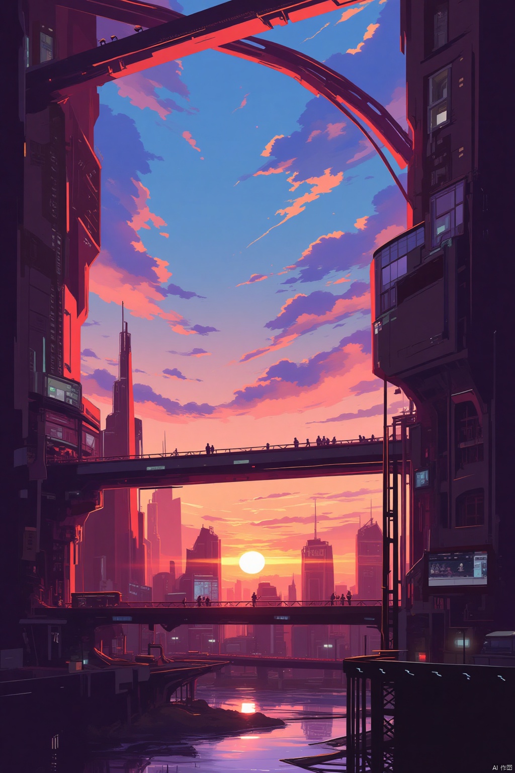 the eye-level view reveals a vibrant orange and pink sunset over a cityscape. The view is taken from a low-angle vantage point,revealing the cityscape below. In the foreground,a bridge stretches across a body of water,adding a touch of depth to the scene. The bridge is adorned with a large,curved arch,adding depth and dimension to the composition. The sky is a mix of blue