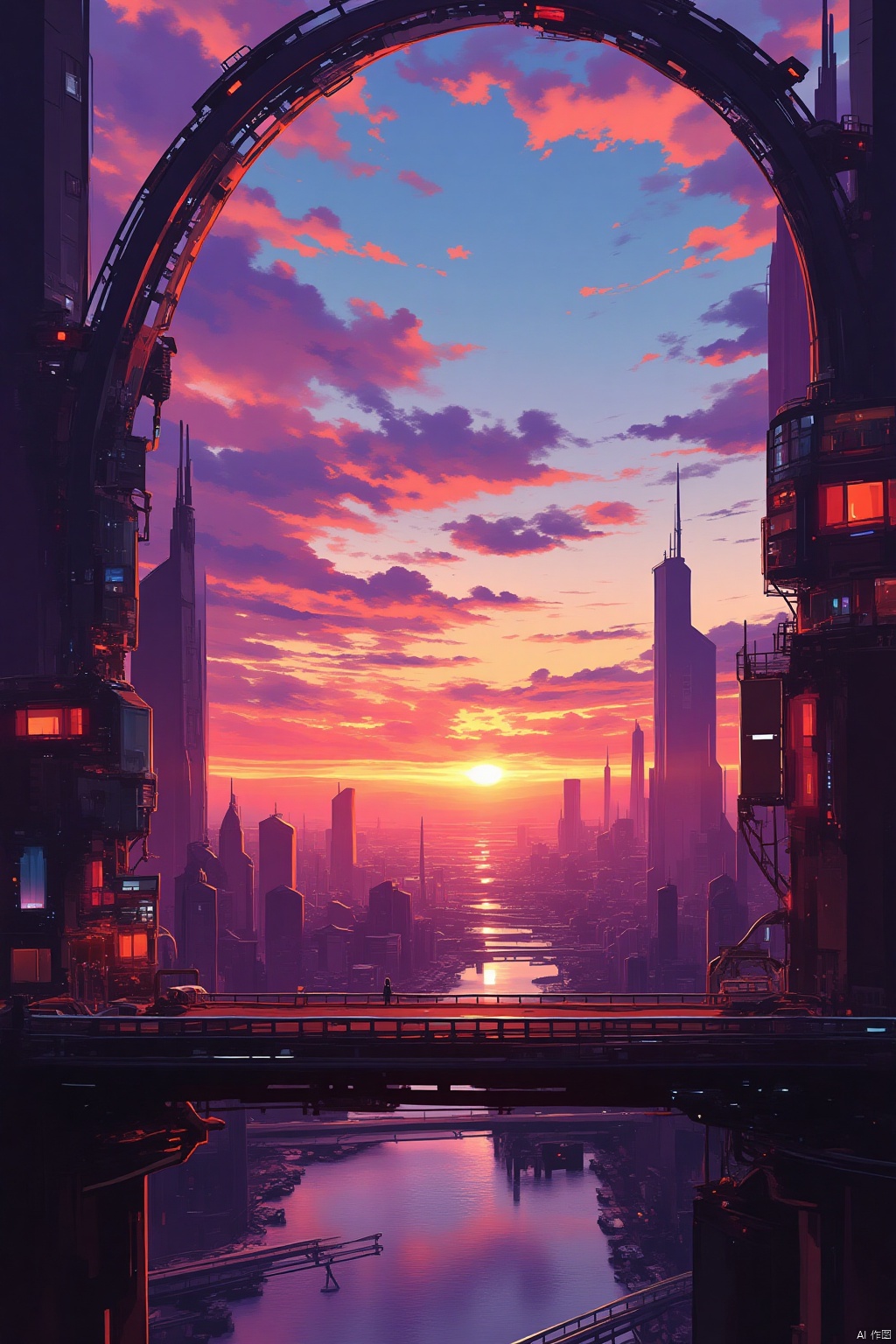 the eye-level view reveals a vibrant orange and pink sunset over a cityscape. The view is taken from a low-angle vantage point,revealing the cityscape below. In the foreground,a bridge stretches across a body of water,adding a touch of depth to the scene. The bridge is adorned with a large,curved arch,adding depth and dimension to the composition. The sky is a mix of blue
