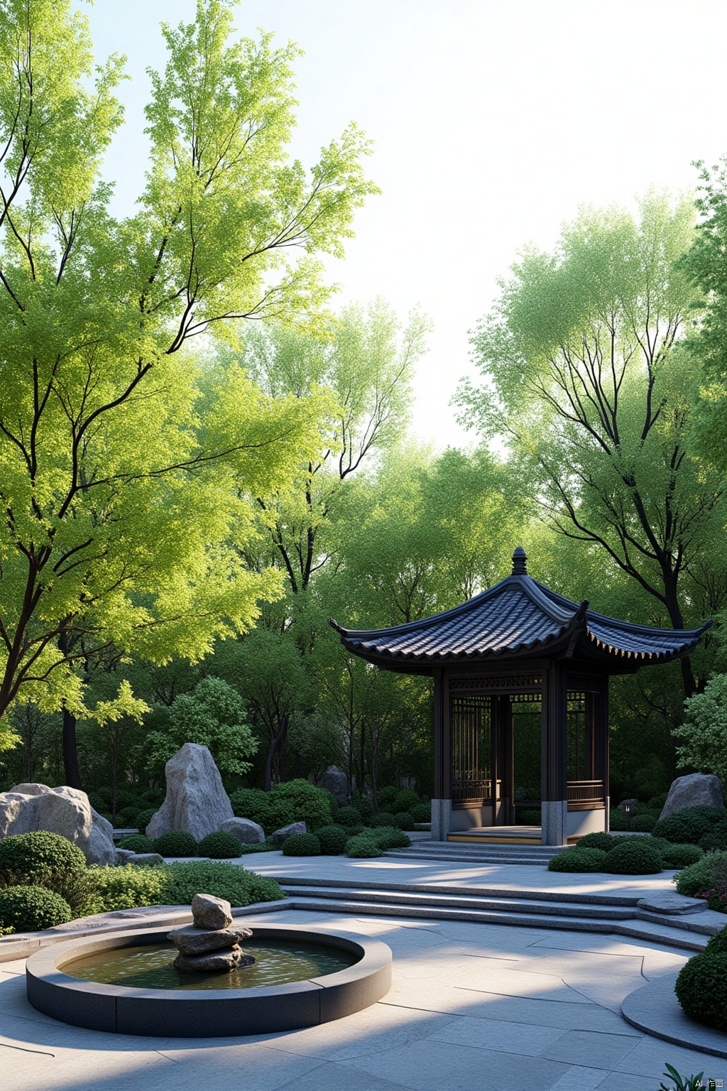 Landscape renderings,a gazebo stands out against a backdrop of lush green trees and a bright white sky. The sun shines on the trees,adding a touch of color to the scene. In the foreground,a circular circular fountain stands in the middle of the garden. The fountain is surrounded by a gray stone walkway