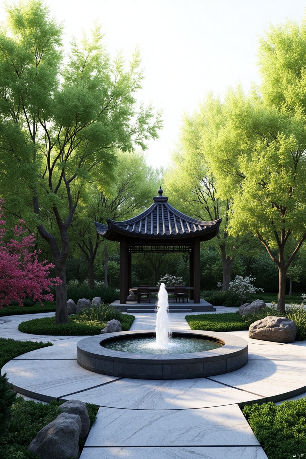 Landscape renderings,a gazebo stands out against a backdrop of lush green trees and a bright white sky. The sun shines on the trees,adding a touch of color to the scene. In the foreground,a circular circular fountain stands in the middle of the garden. The fountain is surrounded by a gray stone walkway