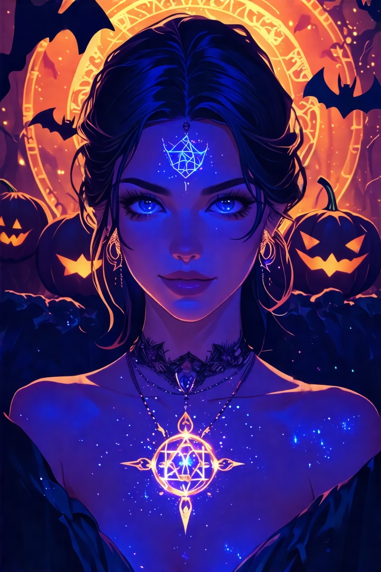 Close-up of an anime-style woman's face,  with an elchemical emblem glowing subtly on her chest,  set against a divination...