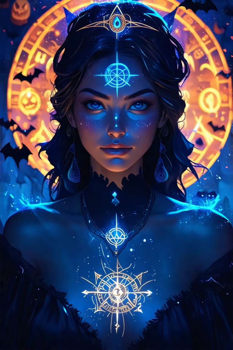 Close-up of an anime-style woman's face,  with an elchemical emblem glowing subtly on her chest,  set against a divination...