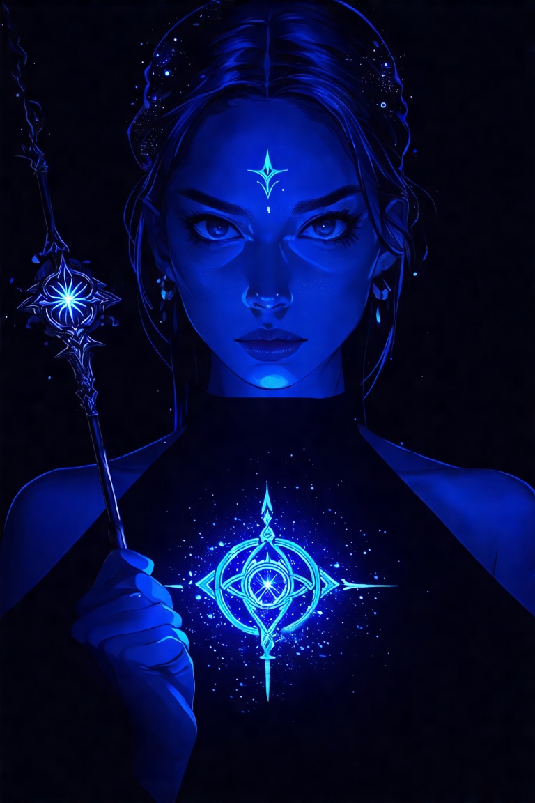 Close-up of an anime-style woman holding an elchemical wand,  the emblem glowing brightly on her chest against a stark bla...