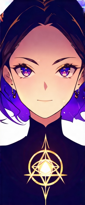 Close-up of an anime-style woman's face,  with an elchemical emblem glowing subtly on her chest. The scene is illuminated...