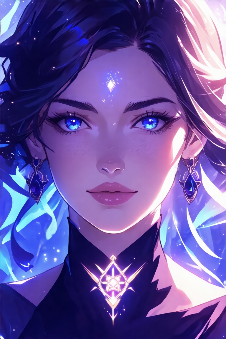 Close-up of an anime-style woman's face,  with an elchemical emblem glowing subtly on her chest. The scene is illuminated...
