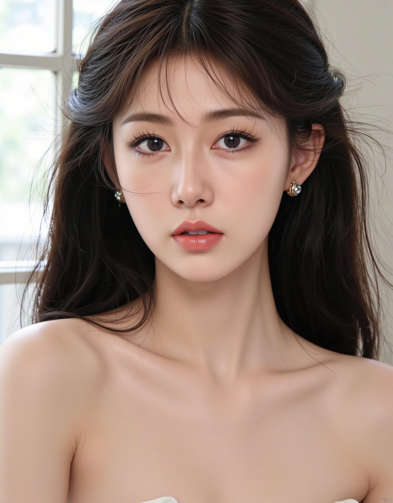 1girl, solo, long hair, black hair, bare shoulders, jewelry, upper body, earrings, parted lips, off shoulder, black eyes, lips, looking to the side, window, realistic, nose