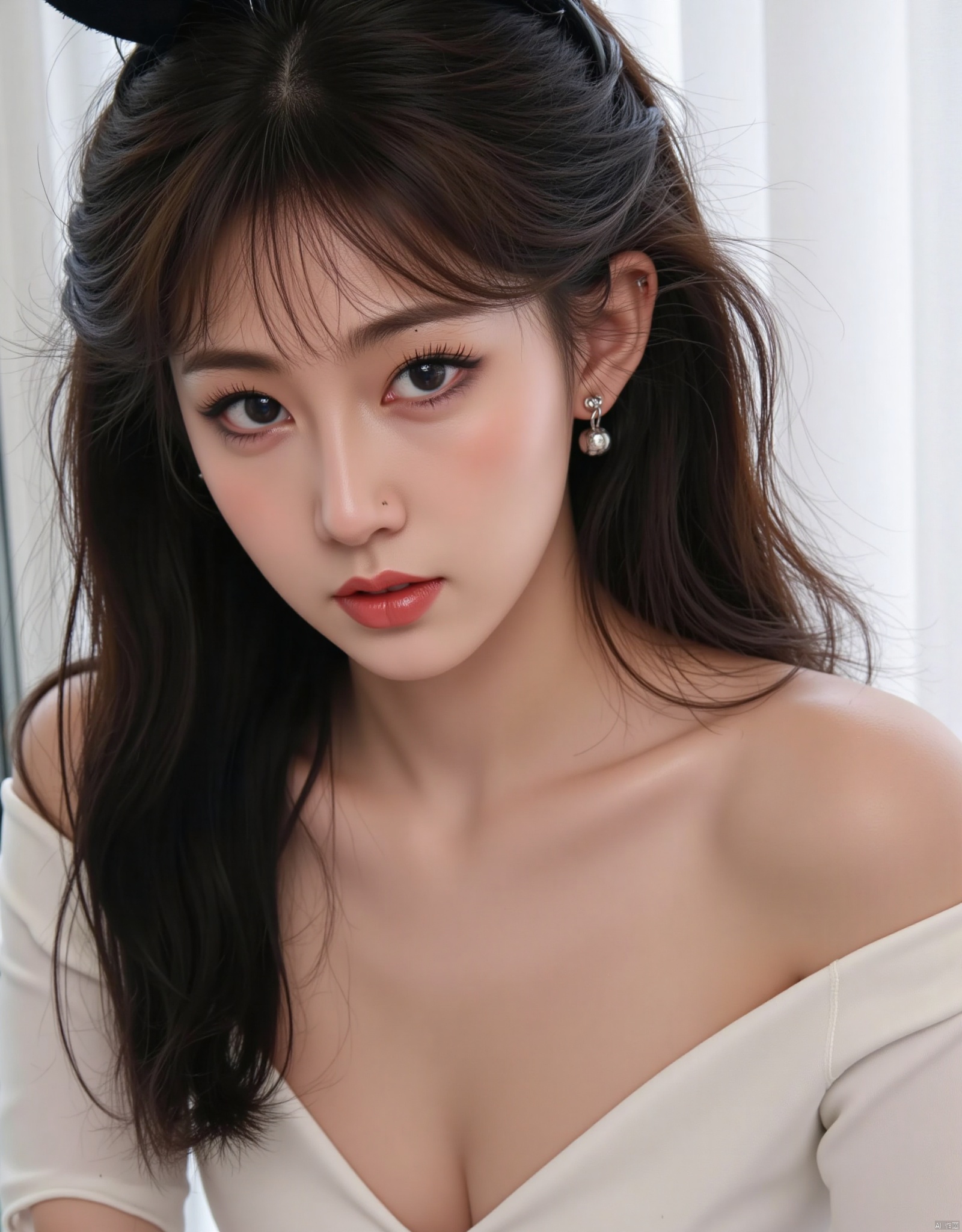 1girl, solo, long hair, black hair, bare shoulders, jewelry, upper body, earrings, parted lips, off shoulder, black eyes, lips, looking to the side, window, realistic, nose