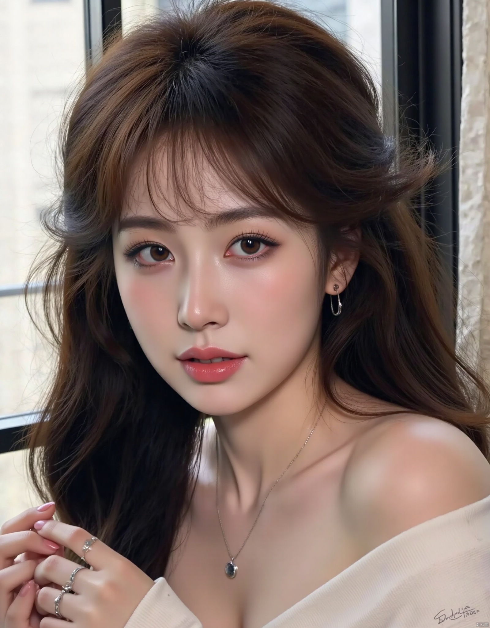 1girl, solo, long hair, black hair, bare shoulders, jewelry, upper body, earrings, parted lips, off shoulder, black eyes, lips, looking to the side, window, realistic, nose