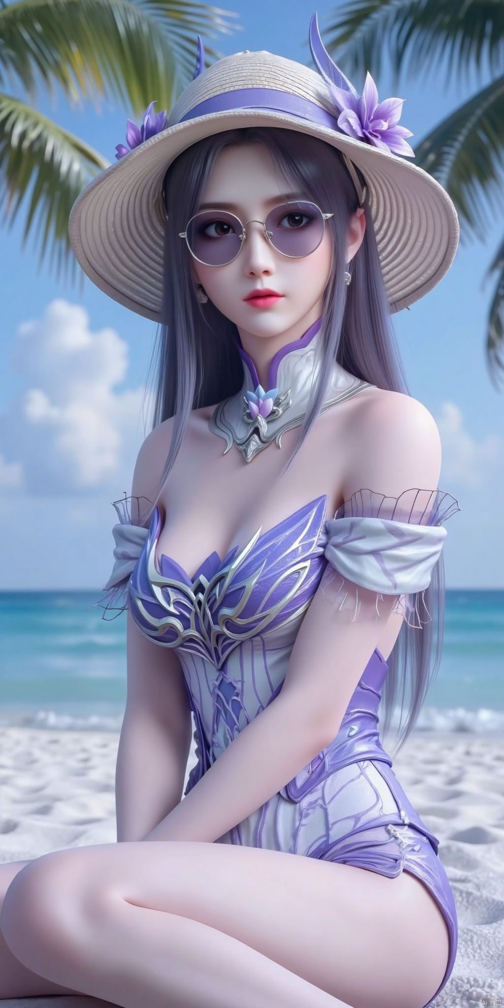 An anime girl in a swimsuit is sitting on the beach. She wears a straw hat decorated with flowers and bows, and a pair of sunglasses. The background is a tropical beach with coconut trees and blue sky. Anime girl, swimsuit. Beach, straw hat, sunglasses, tropical background, coconut trees. Blue sky, bright colors, lovely style and summer atmosphere.