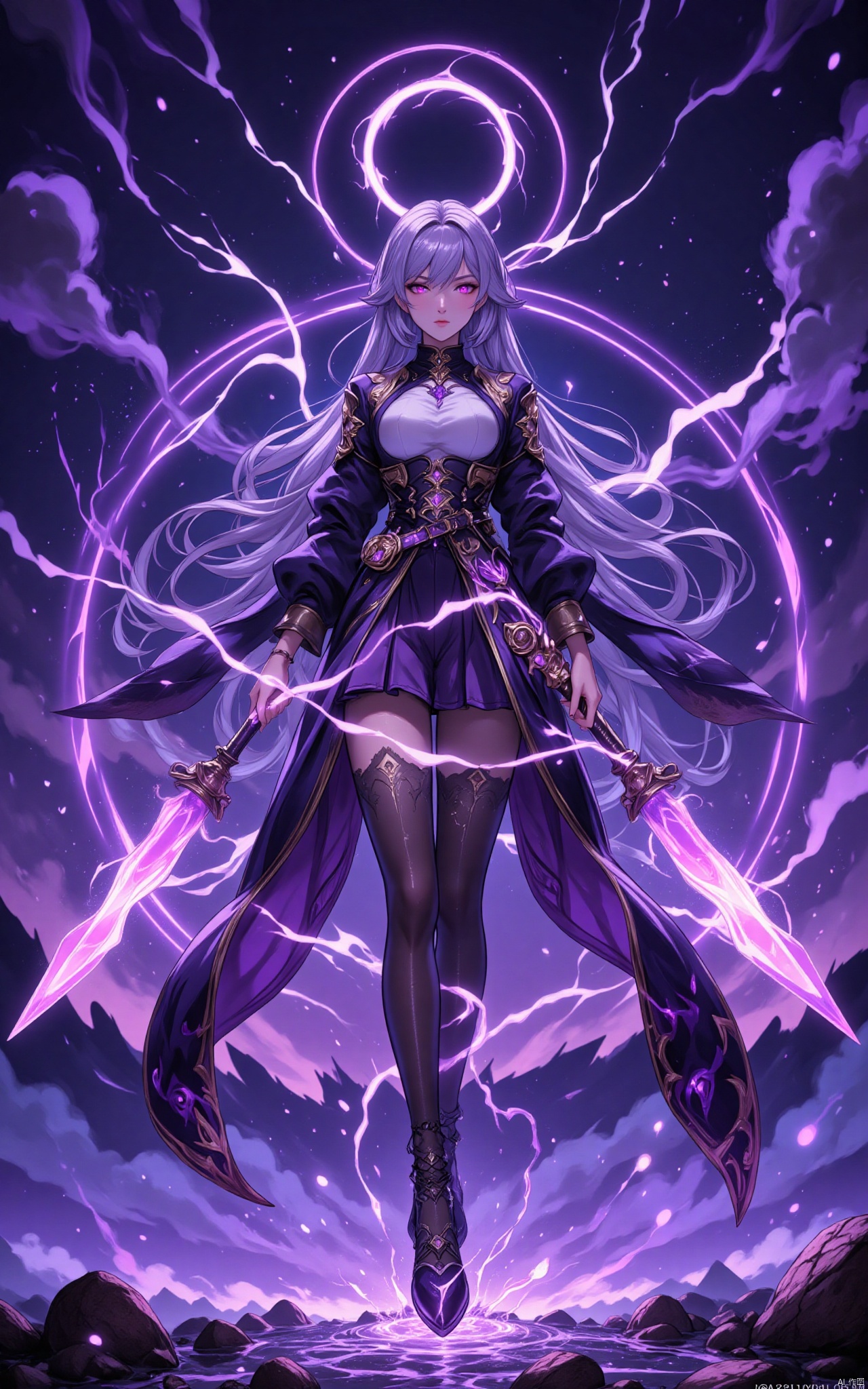 keqing\(hubggirl)\, full body shot:1.45,
21yo girl, purple hair, purple eyes, glowing eyes, electricity,Silk stockings, jackets, lightning, Short skirt,Artifacts,purple magic, aura, full body,magic circle, braids,very long hair,hair flowe,tarry sky, (glass:1.1),(false:1.15),(void:1.25),(magic:1.25), (wide shot, wide angle, from below, full body shot), HDR, Vibrant colors, surreal photography, highly detailed, masterpiece, ultra high res, high contrast, mysterious, cinematic, fantasy, bright natural light, pantyhose, 