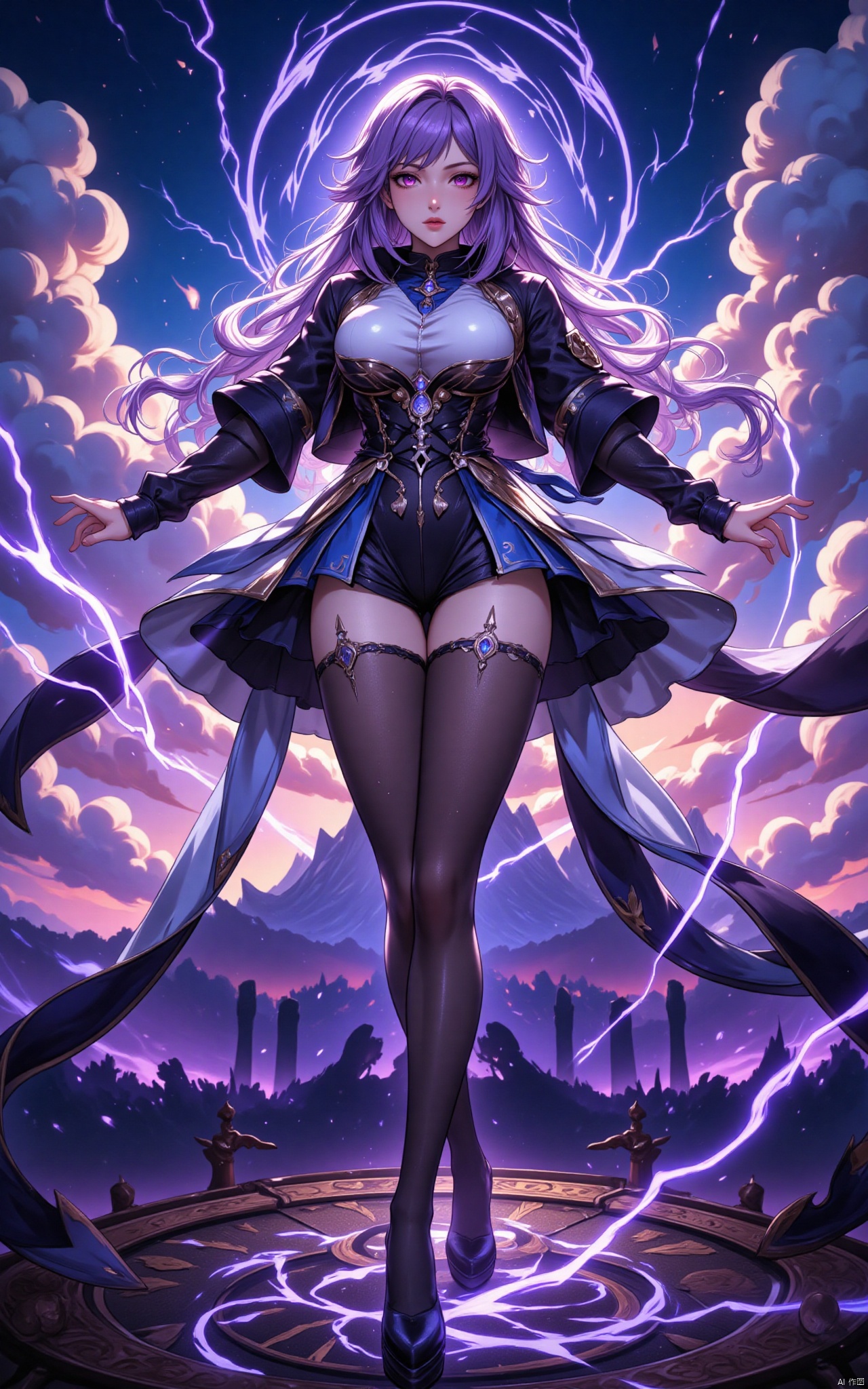 keqing\(hubggirl)\, full body shot:1.45,
21yo girl, purple hair, purple eyes, glowing eyes, electricity,Silk stockings, jackets, lightning, Short skirt,Artifacts,purple magic, aura, full body,magic circle, braids,very long hair,hair flowe,tarry sky, (glass:1.1),(false:1.15),(void:1.25),(magic:1.25), (wide shot, wide angle, from below, full body shot), HDR, Vibrant colors, surreal photography, highly detailed, masterpiece, ultra high res, high contrast, mysterious, cinematic, fantasy, bright natural light, pantyhose, 