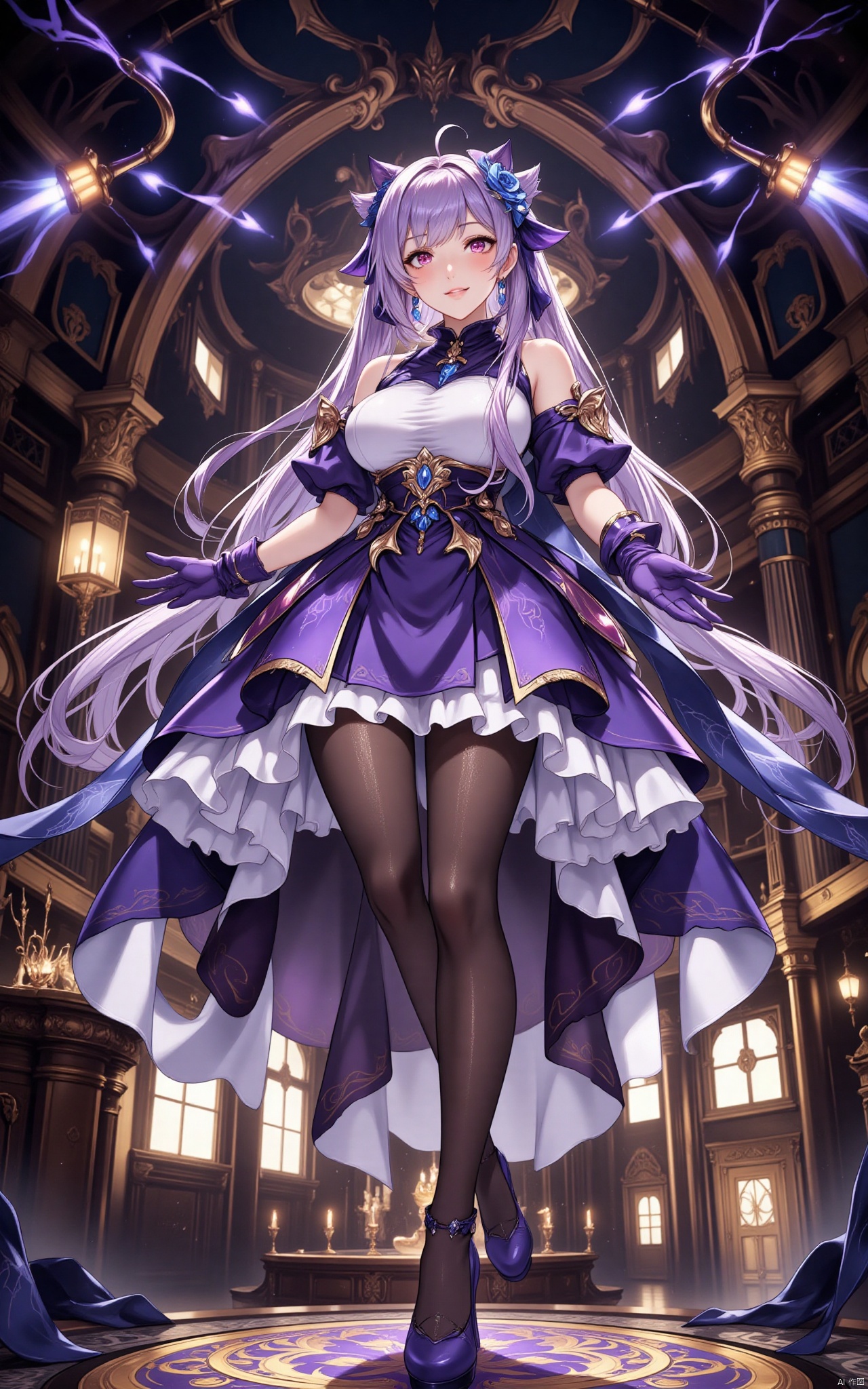 keqing\(hubggirl)\, full body shot:1.45,
21yo girl, solo, looking at viewer, indoors, (upper body, very long legs, narrow waist, grin:1.25), (wide shot, wide angle, from below, cow shot), (purple hair, bangs, cone hair bun, double bun, hair flower, hair ornament, twintails, purple_eyes:1.25), bare shoulders, large breasts, purple dress, detached_sleeves, purple gloves, short sleeves, (black pantyhose, purple high_heels), jewelry, earrings, HDR, Vibrant colors, surreal photography, highly detailed, masterpiece, ultra high res, high contrast, mysterious, cinematic, fantasy, bright natural light,