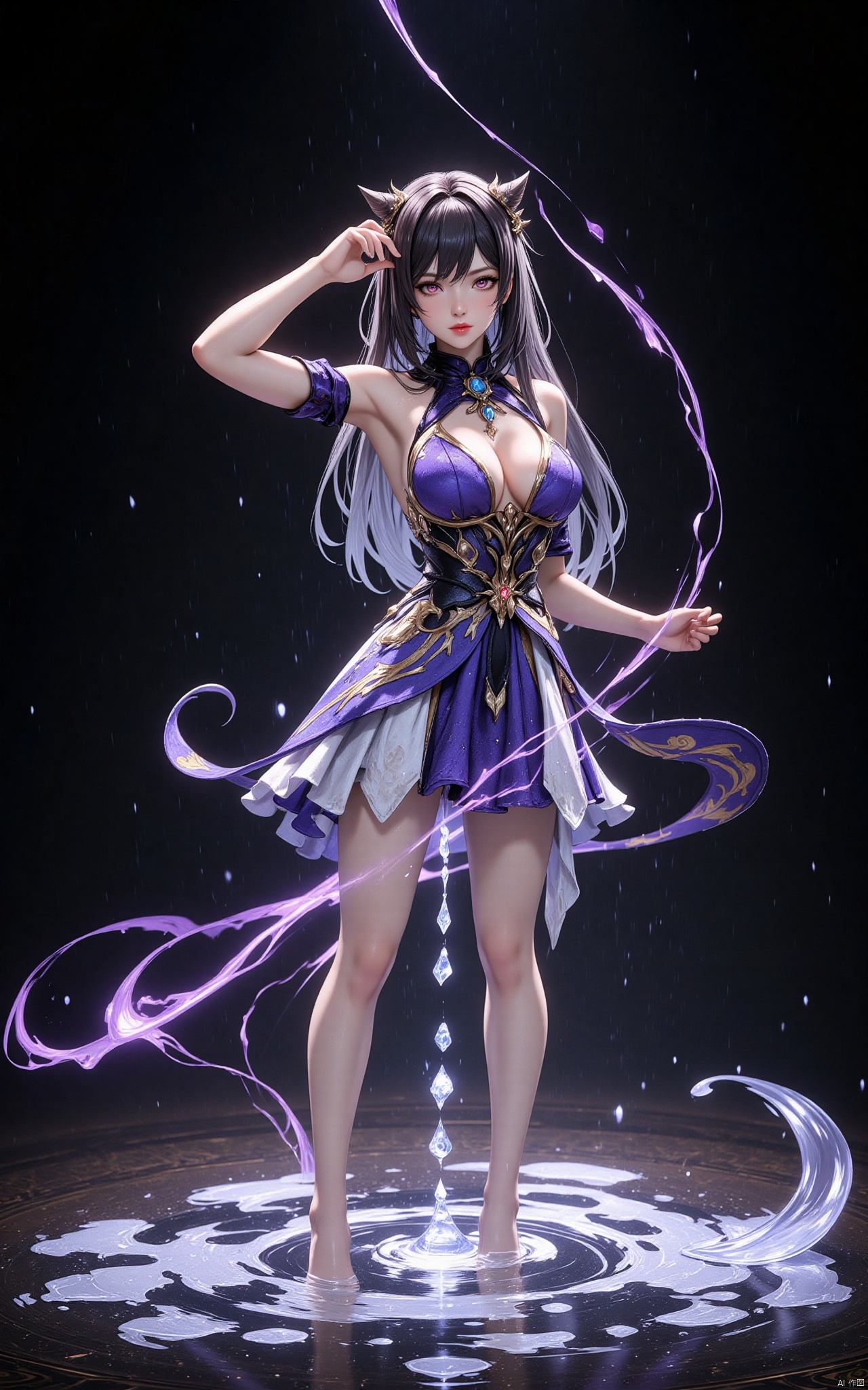 keqing\(hubggirl)\, full body shot:1.45,
(ice:1.48), Epic CG masterpiece,stunningly beautiful,graphic tension,dynamic poses,stunning colors,3D rendering,surrealism,cinematic lighting effects,realism,00 renderer,super realistic,masterpiece,best quality,32k uhd,insane details,intricate details,hyperdetailed,hyper quality,high detail,ultra detailed,Masterpiece, 1girl,solo,glowing,simple background,,rain,it's soaking wet,(splash of water:1.4),wet_hair,