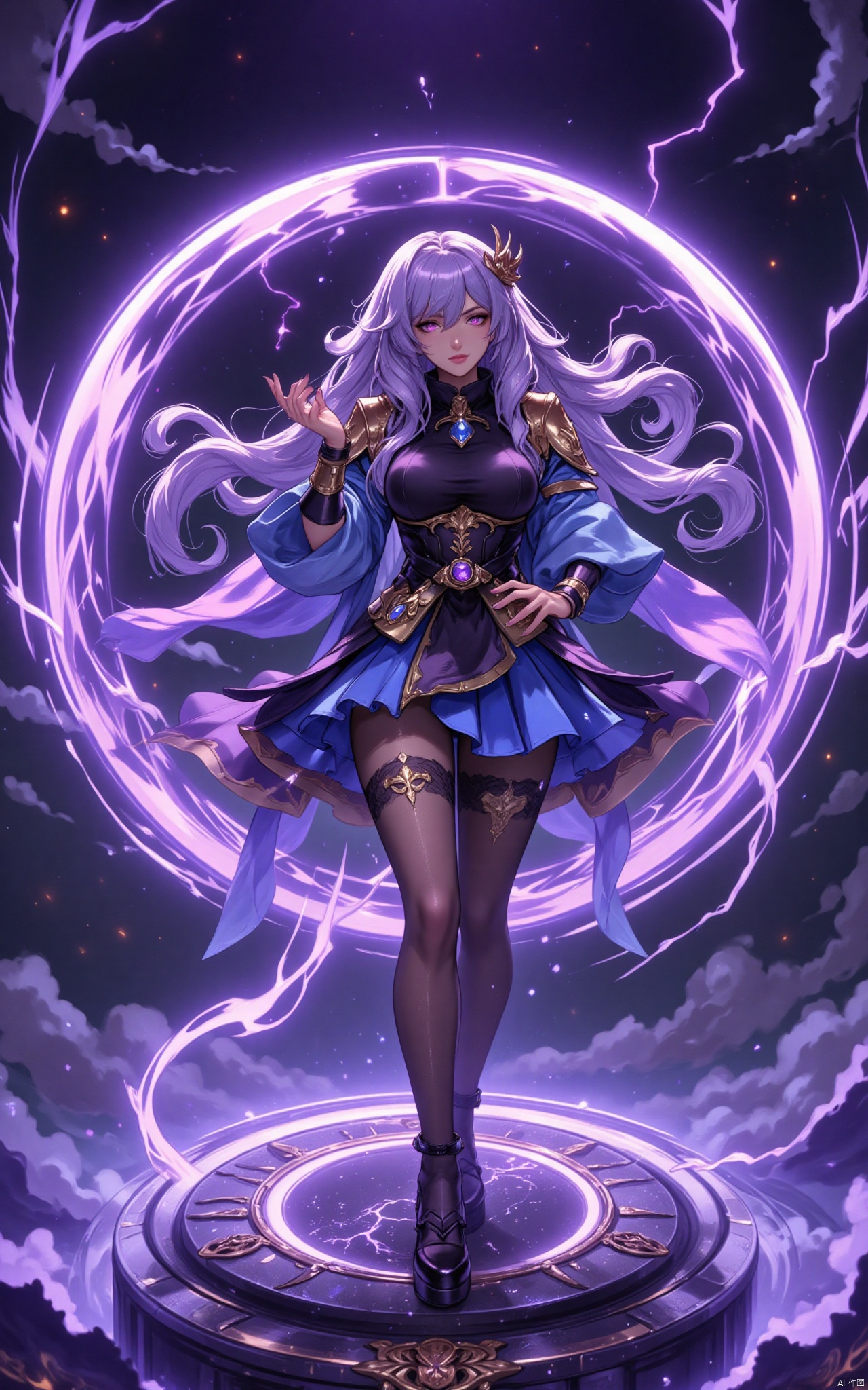 keqing\(hubggirl)\, full body shot:1.45,
21yo girl, purple hair, purple eyes, glowing eyes, electricity,Silk stockings, jackets, lightning, Short skirt,Artifacts,purple magic, aura, full body,magic circle, braids,very long hair,hair flowe,tarry sky, (glass:1.1),(false:1.15),(void:1.25),(magic:1.25), (wide shot, wide angle, from below, full body shot), HDR, Vibrant colors, surreal photography, highly detailed, masterpiece, ultra high res, high contrast, mysterious, cinematic, fantasy, bright natural light, pantyhose, 