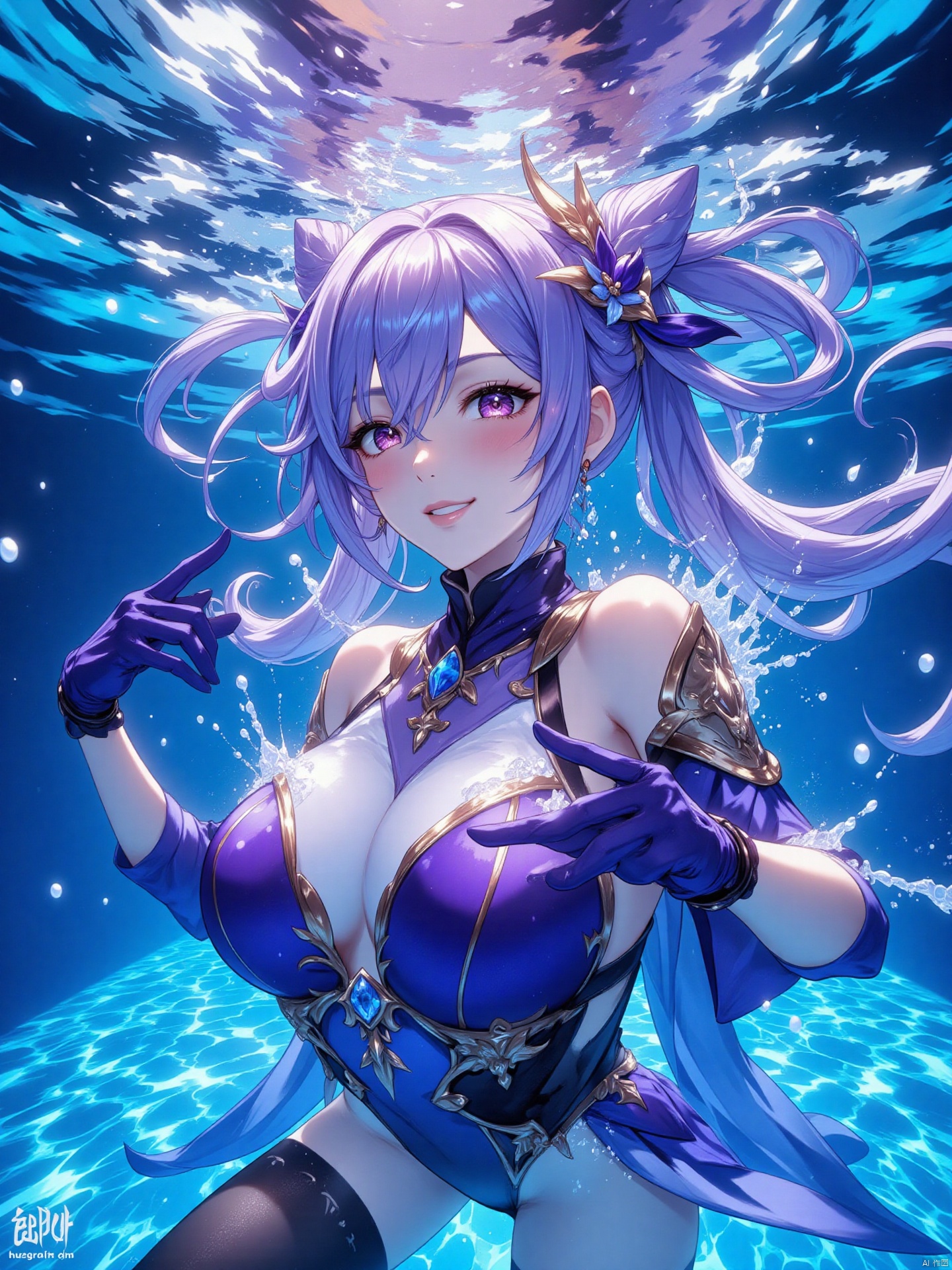 keqing\(hubggirl)\,
in the photo, the girl is floating underwater, smiling at the camera, grin, surrounded by foam, Body glow, Arms outstretched, (wide Angle, Low Angle, Underwater, bubble, foam, Super long purple hair floating in the water, upper body:1.45), long purple hair, bangs, cone hair bun, double bun, hair flower, hair ornament, twintails, purple_eyes, bare shoulders, large breasts, purple dress, detached_sleeves, purple gloves, short sleeves, black pantyhose, high_heels, jewelry, earrings, Water, In the pool, swimming, keqing \(genshin impact\), HDR, Vibrant colors, surreal photography, highly detailed, masterpiece, ultra high res, high contrast, mysterious, cinematic, fantasy, bright natural light,