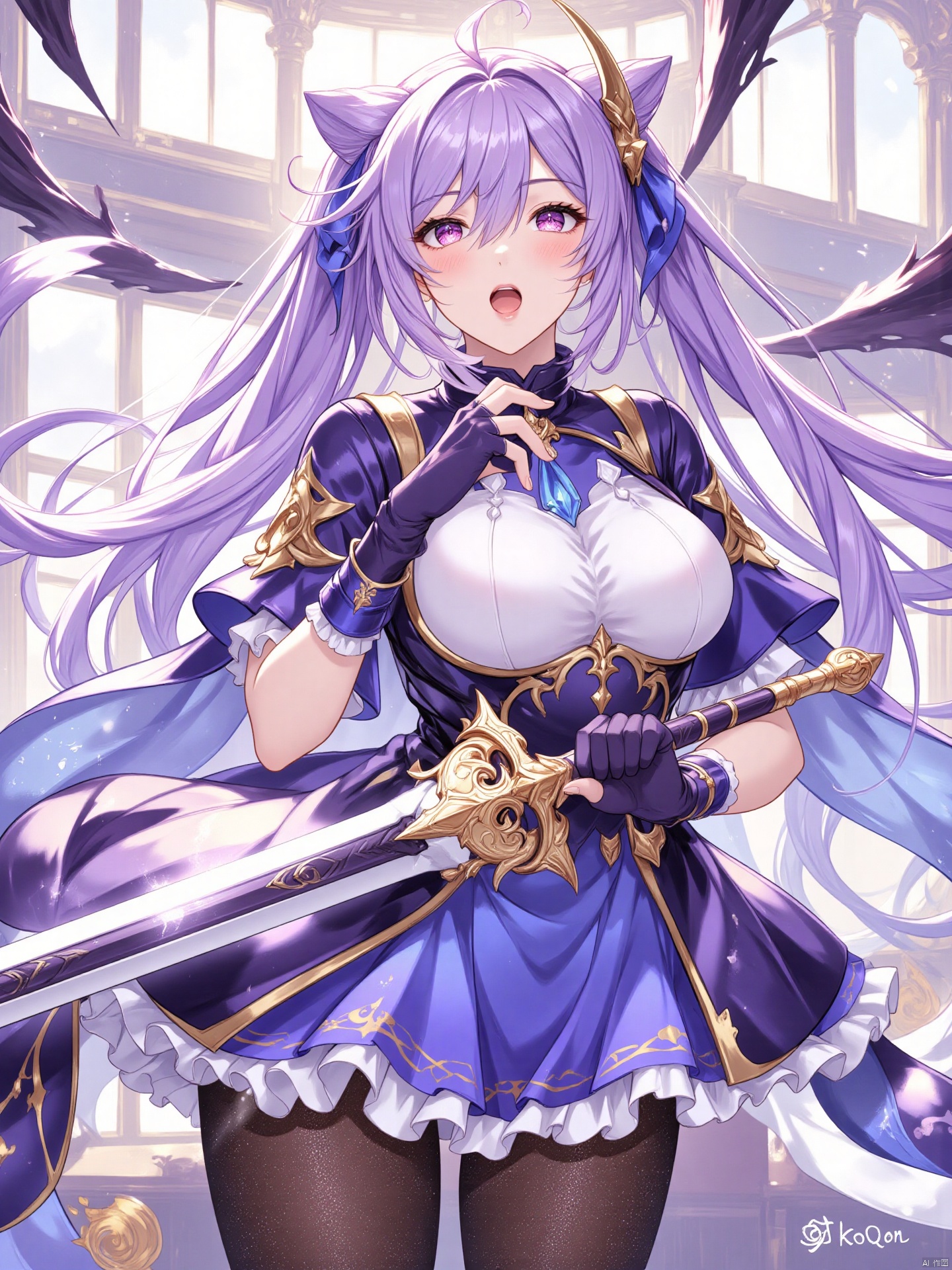 keqing\(hubggirl)\,
1girl, solo, long hair, looking at viewer, open mouth, bangs, skirt, hair ornament, gloves, dress, holding, twintails, purple eyes, weapon, purple hair, short sleeves, pantyhose, frills, sword, hair bun, holding weapon, black pantyhose, holding sword, frilled dress, frilled skirt, frilled sleeves, cone hair bun, purple gloves, keqing \(genshin impact\)