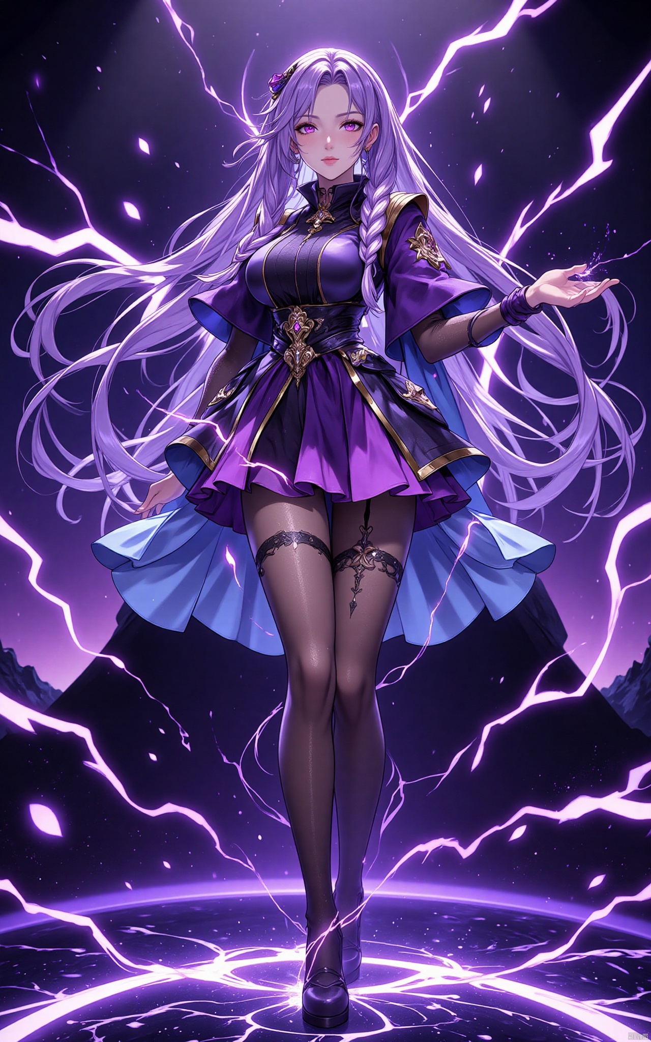 keqing\(hubggirl)\, full body shot:1.45,
21yo girl, purple hair, purple eyes, glowing eyes, electricity,Silk stockings, jackets, lightning, Short skirt,Artifacts,purple magic, aura, full body,magic circle, braids,very long hair,hair flowe,tarry sky, (glass:1.1),(false:1.15),(void:1.25),(magic:1.25), (wide shot, wide angle, from below, full body shot), HDR, Vibrant colors, surreal photography, highly detailed, masterpiece, ultra high res, high contrast, mysterious, cinematic, fantasy, bright natural light, pantyhose, 