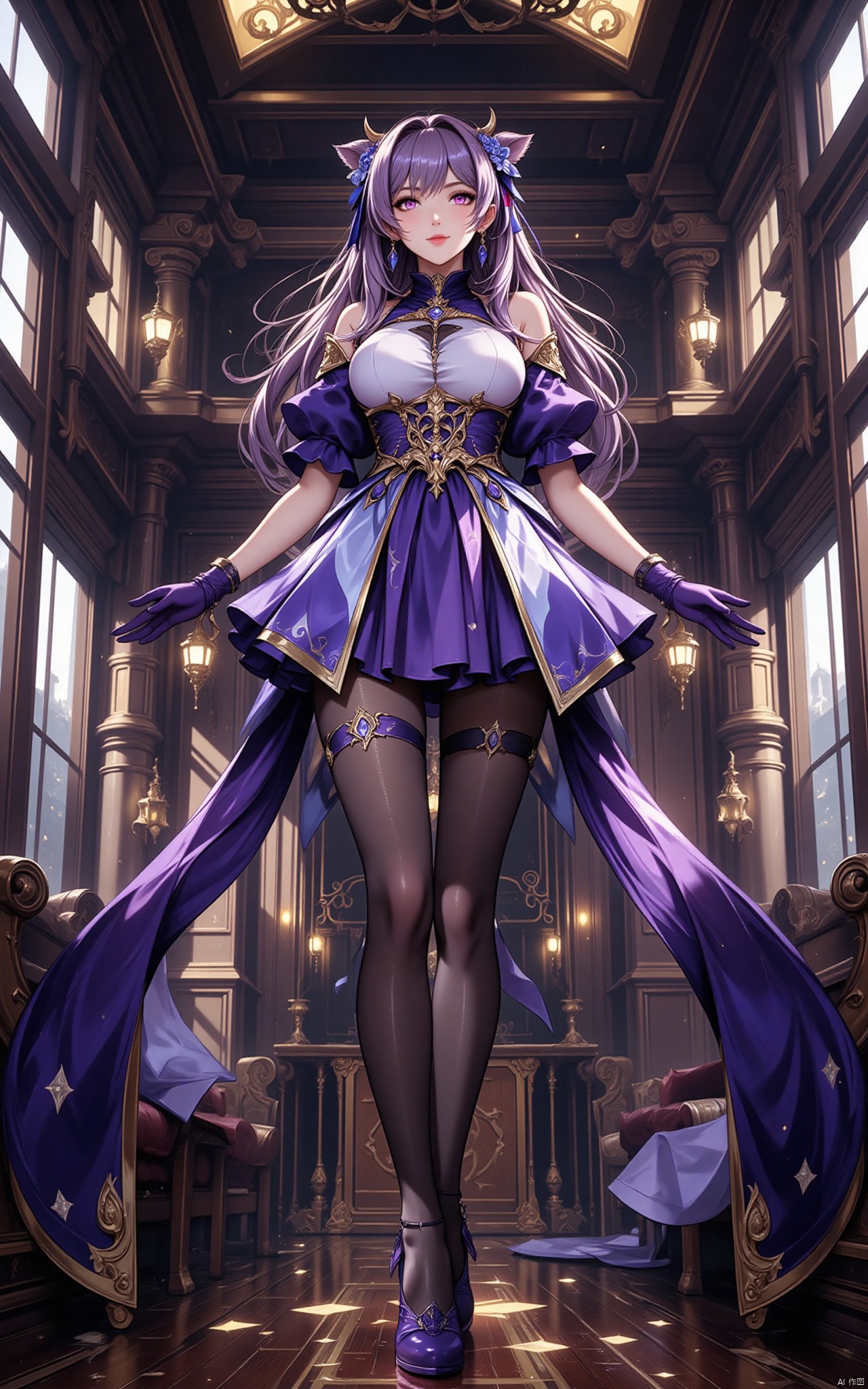 keqing\(hubggirl)\, full body shot:1.45,
21yo girl, solo, looking at viewer, indoors, (upper body, very long legs, narrow waist, grin:1.25), (wide shot, wide angle, from below, cow shot), (purple hair, bangs, cone hair bun, double bun, hair flower, hair ornament, twintails, purple_eyes:1.25), bare shoulders, large breasts, purple dress, detached_sleeves, purple gloves, short sleeves, (black pantyhose, purple high_heels), jewelry, earrings, HDR, Vibrant colors, surreal photography, highly detailed, masterpiece, ultra high res, high contrast, mysterious, cinematic, fantasy, bright natural light,