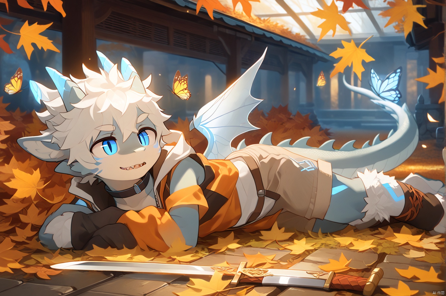 Depth of field,bright outline,1boy, solo,dragon boy,slit pupils,blue pupils,glowing eyes,horns,short hair, floating hair, white hair, dragon tail, shiny butterfly, glowing butterfly, soft lawn, warm colors, Tyndall effect, Tyndall light, white long shirt, black sleeveless jacket, orange transparent sleeves, transparent Ceiling, fallen leaves, maple leaves, autumn, between two rows of trees there is a road filled with fallen leaves, in the middle of the road there is a beam of light shining on a sword stuck in the ground, ancient, shorts, Transparent wings,Leather gloves, sharp teeth, clear glass strips, ancient wooden swords engraved with golden runes, foot socks, light gray foot socks, the bottom of the foot socks fades to black,source-furry,Choker ,upside-down,