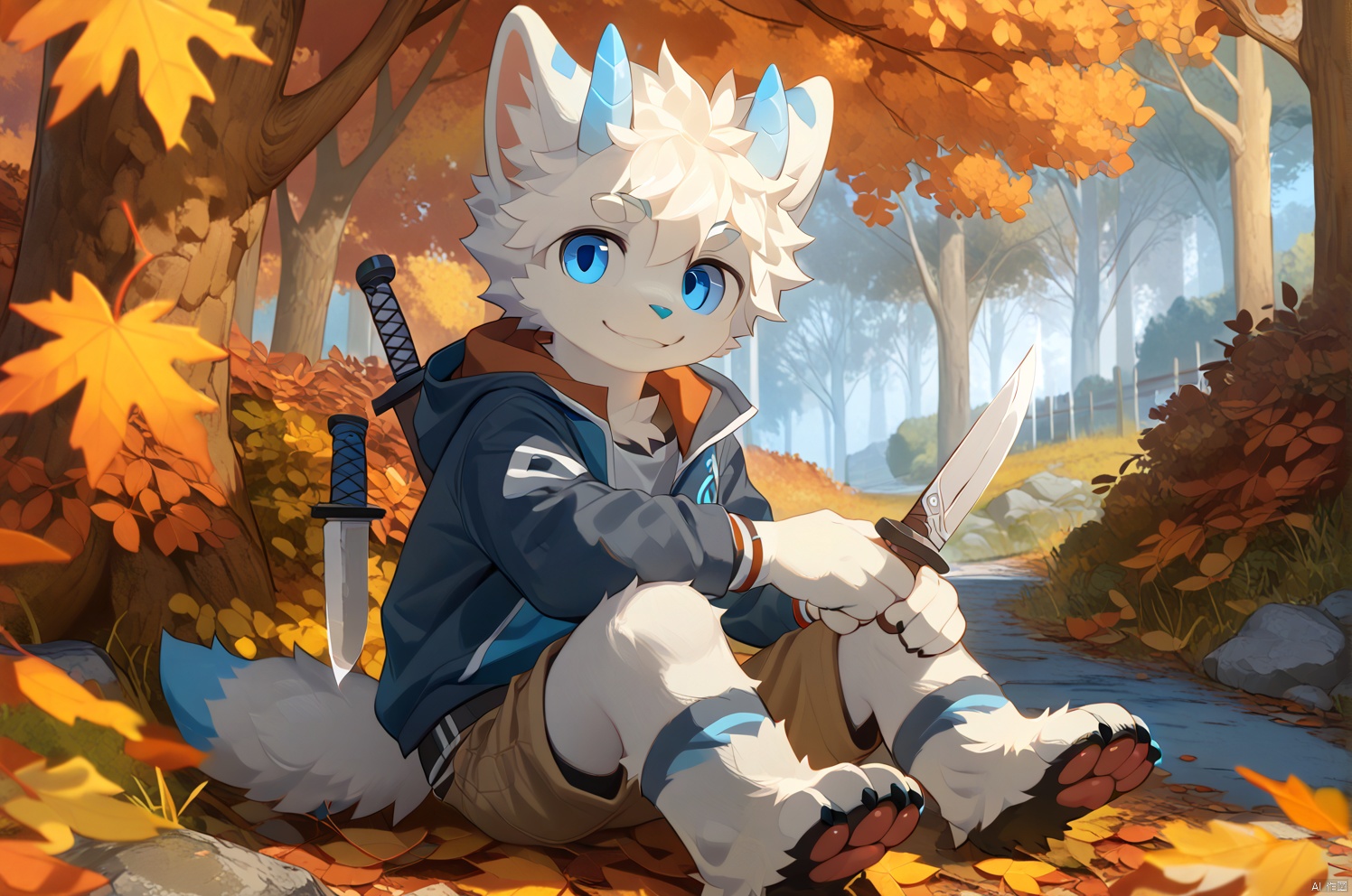 solo, looking at viewer, smile, blue eyes, 1boy, animal ears, sitting, weapon, white hair, male focus, outdoors, horns, shorts, tree, leaf, knife, furry, autumn leaves, furry male, autumn