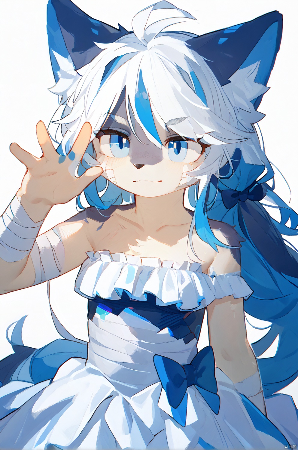 masterpiece,best quality,high quality,(colorful),1girl,solo,bandages,bandaged arm,long hair,glitch,blue eyes,looking at viewer,dress,colored inner hair,collarbone,closed mouth,white hair,blue theme,frilled dress,cracked skin,white background,bow,frills,upper body,white dress,head tilt,hand up,multicolored hair,blue hair,expressionless,crack,simple background,one eye covered,bare shoulders,blue bow,straight hair,hair behind ear,straight-on,strapless dress,body fur,anthro