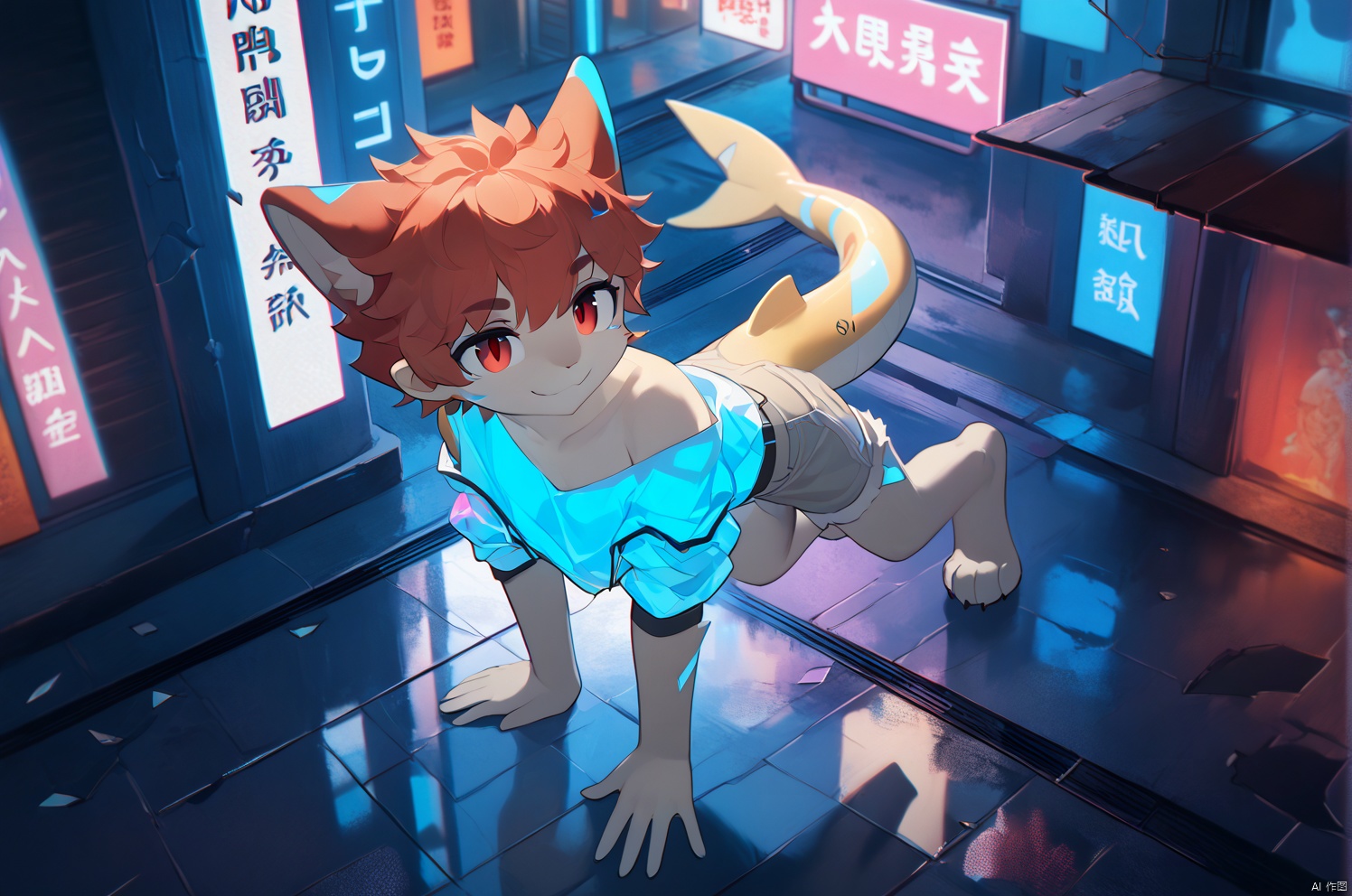 Depth of field, masterpiece,illustration,best quality,blue outline,streets with neon lights,blue fluorescent coatings,solo,from above,silhouette,partially colored,alternate color, High Angle ,dark violet shadow,synth wave,chromatic aberration,perfect shadow,wearing an off- shoulder floating jacket,bare shoulder,beautiful and delicate eyes,delicate background,blue neon light, red hair, red eyes, short hair, pointy ears,blunt bangs, smile,1boy,source-furry,hongkong street,Floating holographic display screen,Neon billboard,shorts,bare foot,cat ear,shark tail,lFall backwards,falling_side,vcore_9,score_8_up,score_7_up,solo,glass shards, reflection, broken glass,upside_down