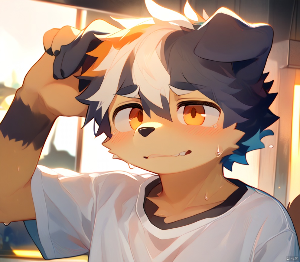 solo, blush, short hair, shirt, 1boy, animal ears, closed mouth, upper body, male focus, multicolored hair, sweat, hand up, orange eyes,  dog ears, furry, furry male, snout, dog boy,source_furry,anthro