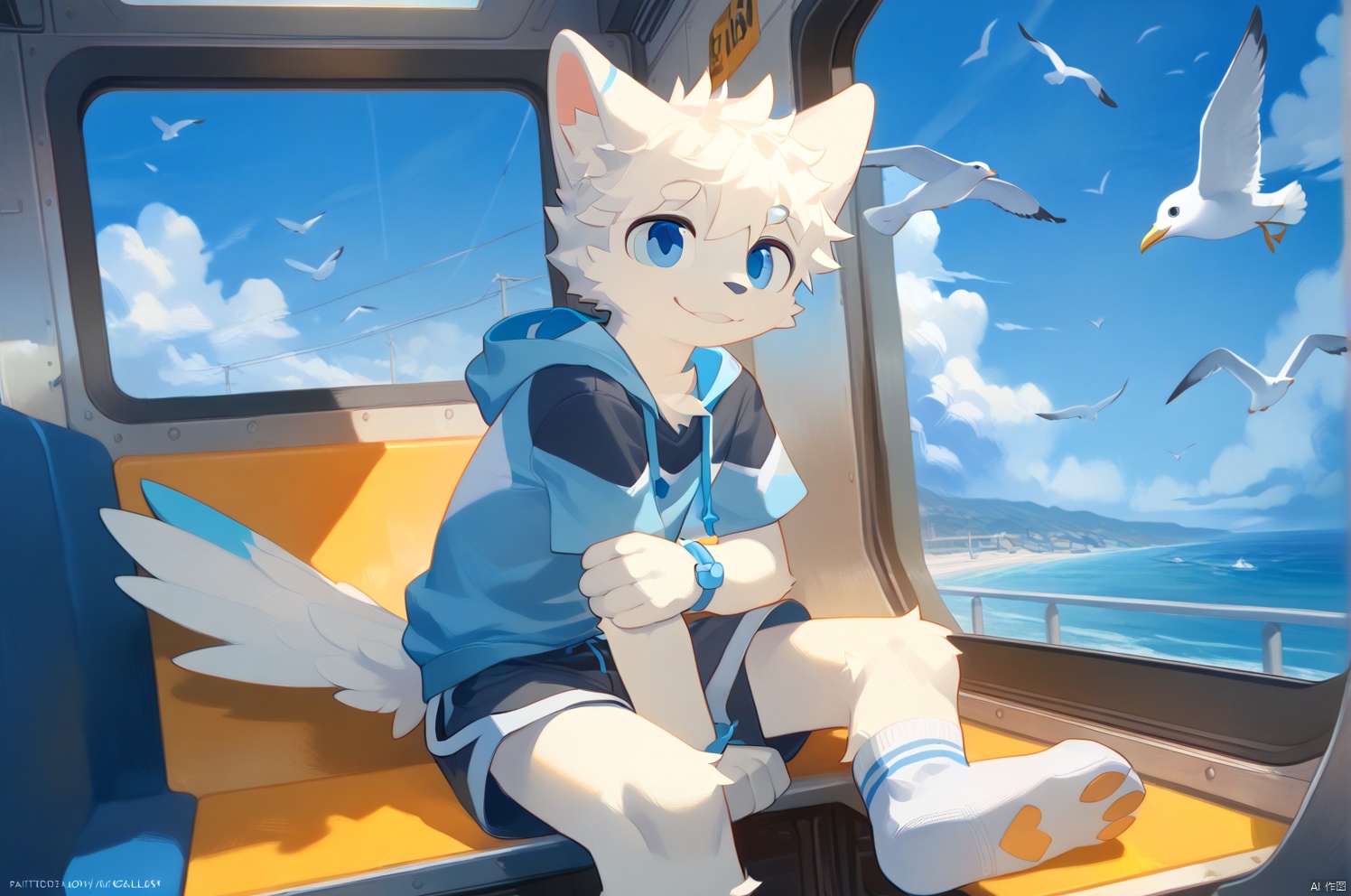 solo, smile, short hair, blue eyes, 1boy, animal ears, sitting, closed mouth, white hair, short sleeves, male focus, outdoors, sky, shorts, day, socks, artist name, cloud, hood, blue sky, hoodie, bird, ocean, ground vehicle, furry, white fur, train interior, seagull,source_furry,anthro