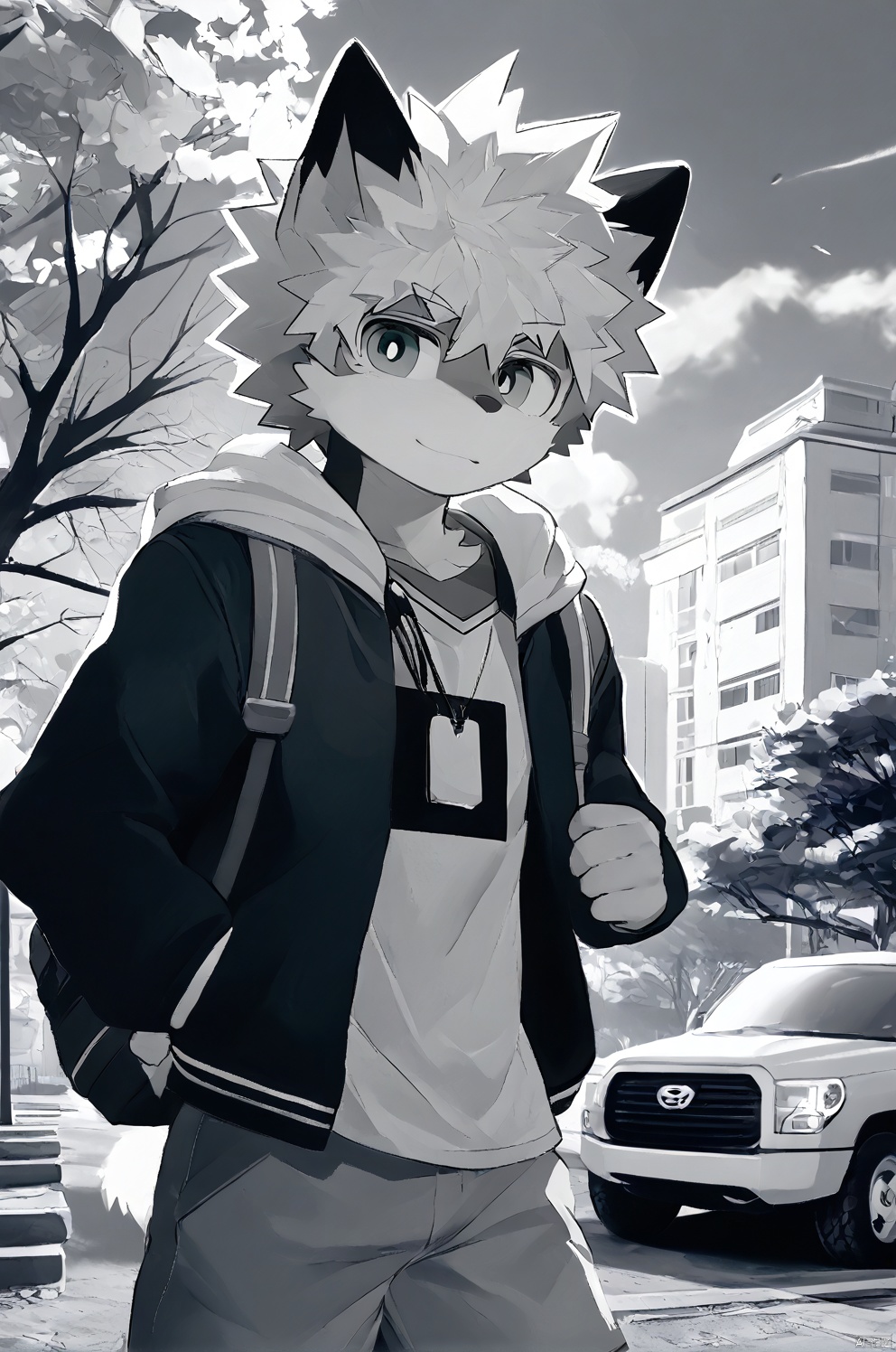 solo, looking at viewer, short hair, bangs, shirt, long sleeves, 1boy, holding, closed mouth, school uniform, jacket, monochrome, greyscale, male focus, outdoors, collared shirt, tree, spiked hair, ground vehicle, building, photo background, midoriya izuku, bakugou katsuki,body fur,anthro