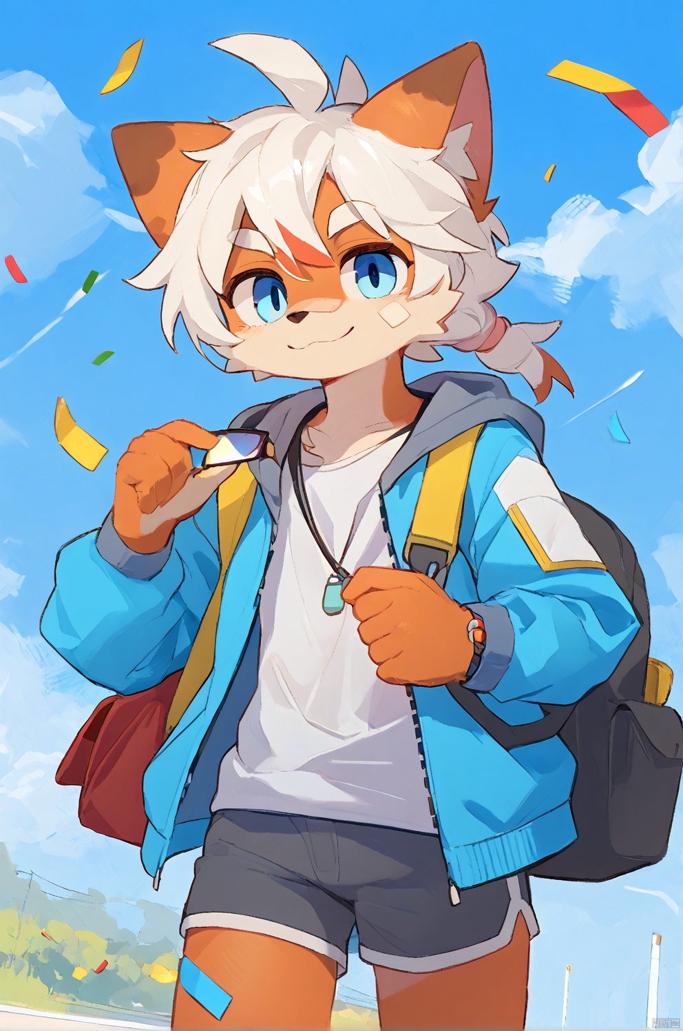1girl, solo, looking at viewer, smile, short hair, bangs, blue eyes, shirt, long sleeves, jewelry, closed mouth, jacket, white shirt, upper body, braid, ahoge, white hair, multicolored hair, earrings, outdoors, open clothes, sky, shorts, day, cloud, bag, open jacket, blue sky, v-shaped eyebrows, sunglasses, thick eyebrows, backpack, bandaid, eyewear on head, multicolored clothes, multicolored eyes, bandaid on face, confetti, tinted eyewear,sketch,body fur,anthro
