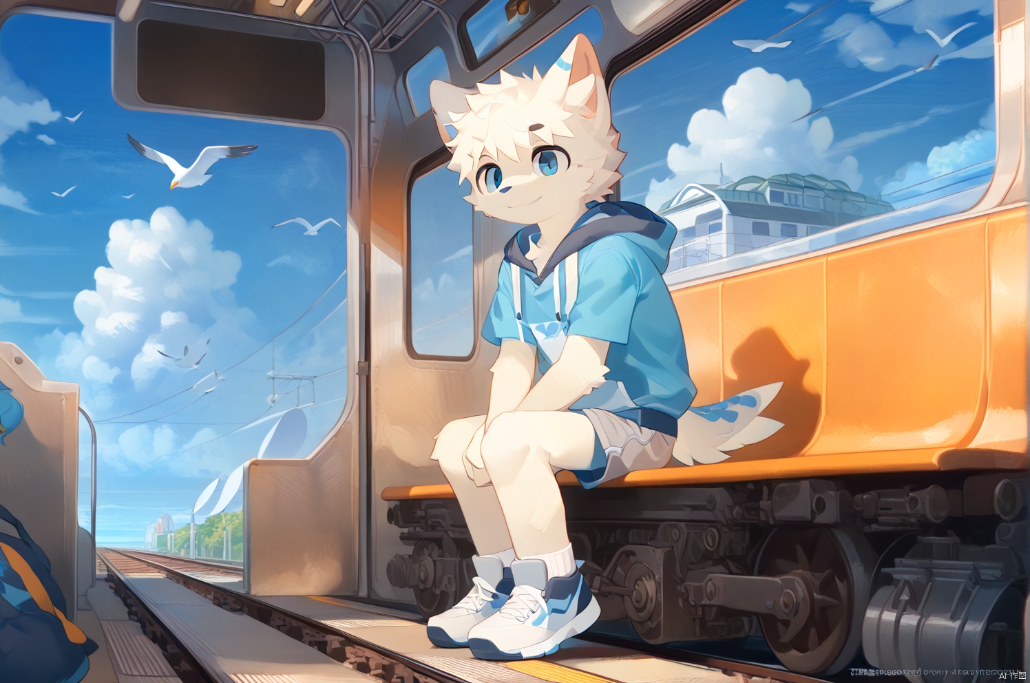 solo, smile, short hair, blue eyes, 1boy, animal ears, sitting, closed mouth, white hair, short sleeves, male focus, outdoors, sky, shorts, day, socks, artist name, cloud, hood, blue sky, hoodie, bird, ocean, ground vehicle, furry, white fur, train interior, seagull,source_furry,anthro
