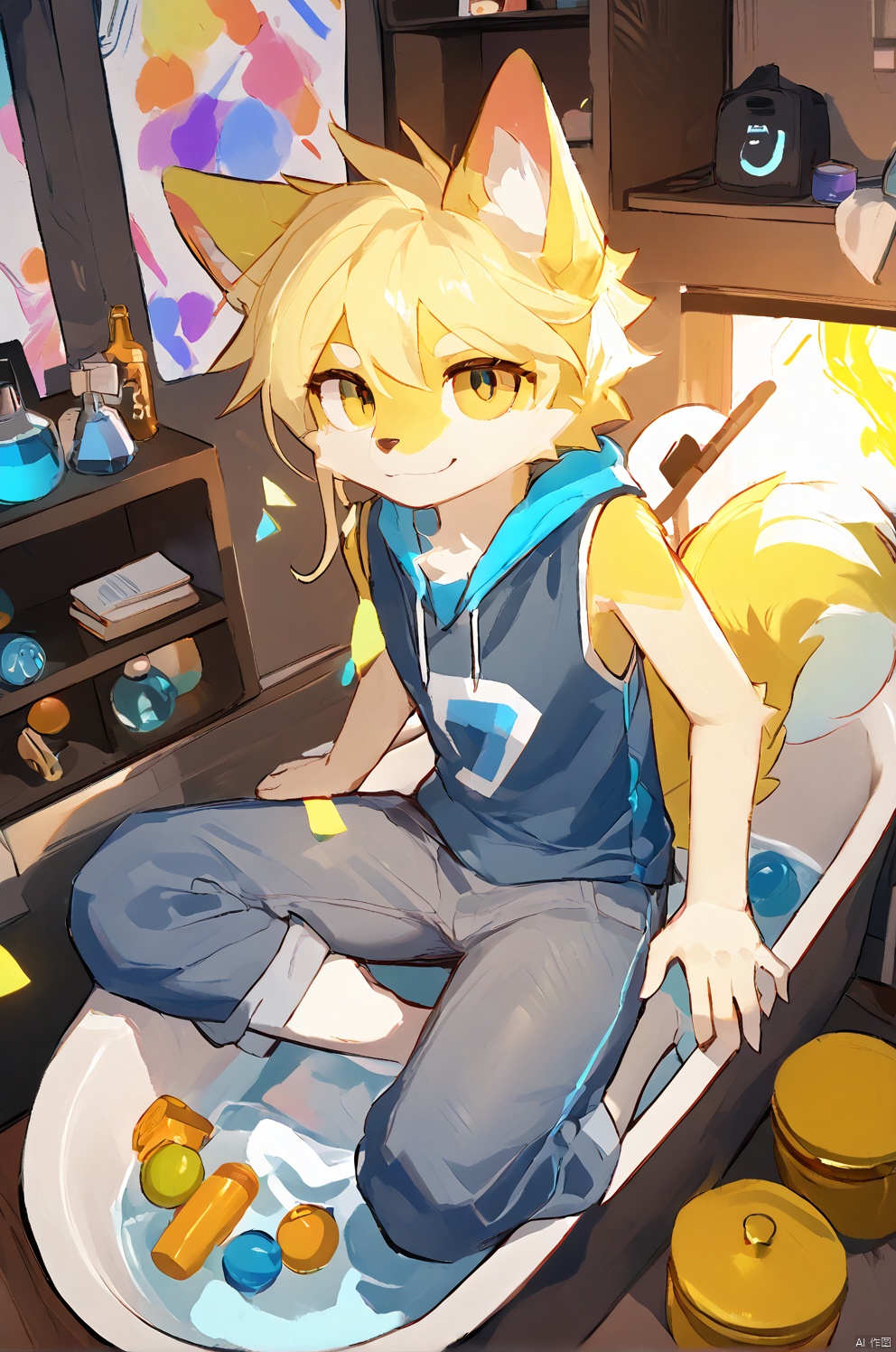 score_9,score_8_up,score_7_up, A girl in a sleeveless top sits on the edge of a bathtub, her body facing the viewer. She has blonde hair and is wearing tight jeans. The background features a cluttered room with various objects scattered around. A colorful, dynamic scene with a sense of energy and youthfulness.,sketch,body fur,anthro
