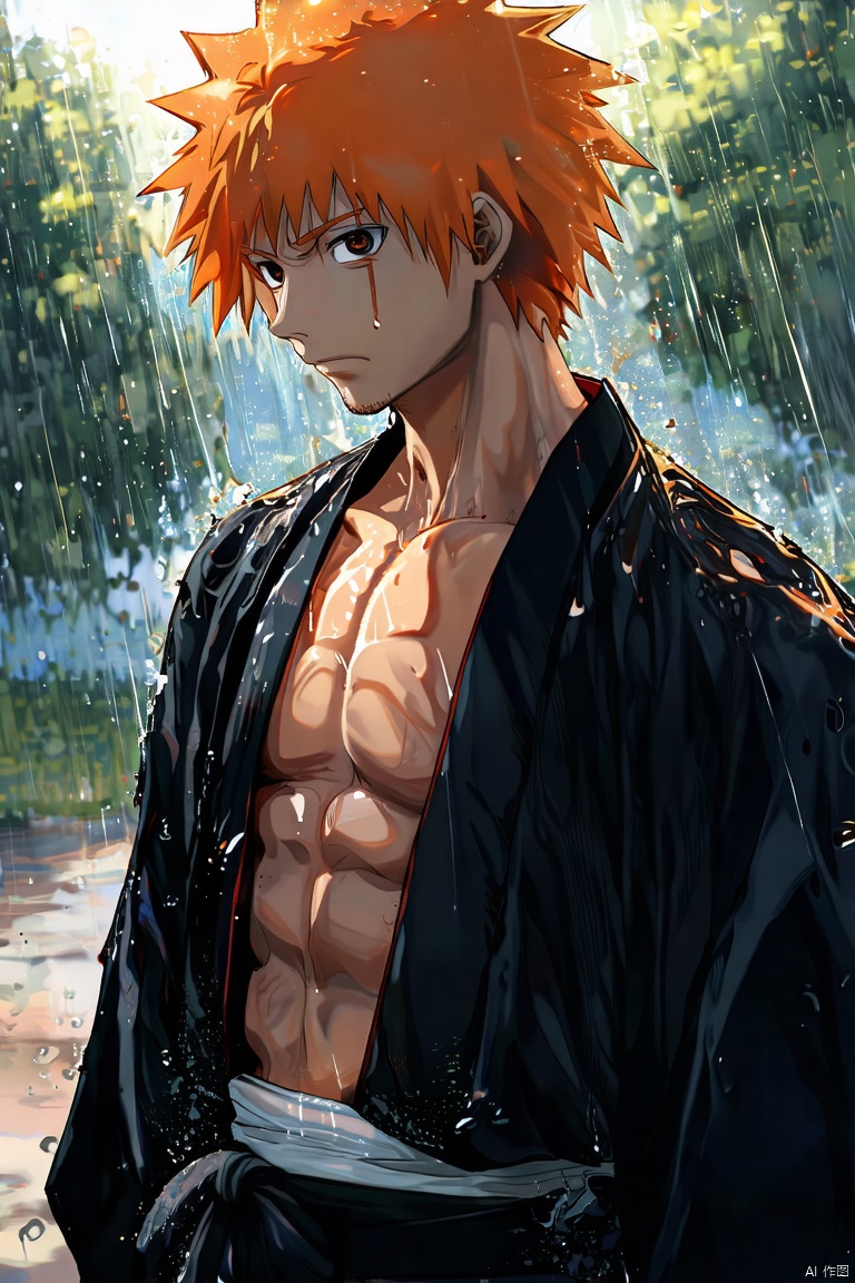 (masterpiece, best quality, ultra-detailed, highres, best illustration),1boy, male focus, kurosaki ichigo, bleach, black hakama, outdoors, rain, pectorals, perfect composition, moist skin, intricate details,,solo,TrNyteal