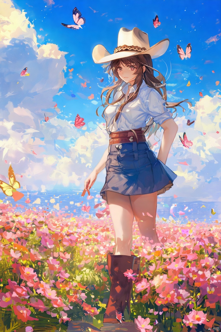 (masterpiece, best quality, ultra-detailed, highres, best illustration),1girl,solo,cowboy shot,looking_at_viewer, side lighting,lustrous skin,(shine),(shiny skin, cetlic elements, norse heritage),ray tracing,wind swept hair,detailed hair,detailed face,depth_of_field,very detailed background,extreme light and shadow,(detailed eyes),perfect anatomy,,dynamic angle,1girl,((sea of pink flowers,with butterflies everywhere.,fluttering butterflies in the sky,colorful auspicious clouds,)), Short top,ultra short skirt ,navel,TrNyteal