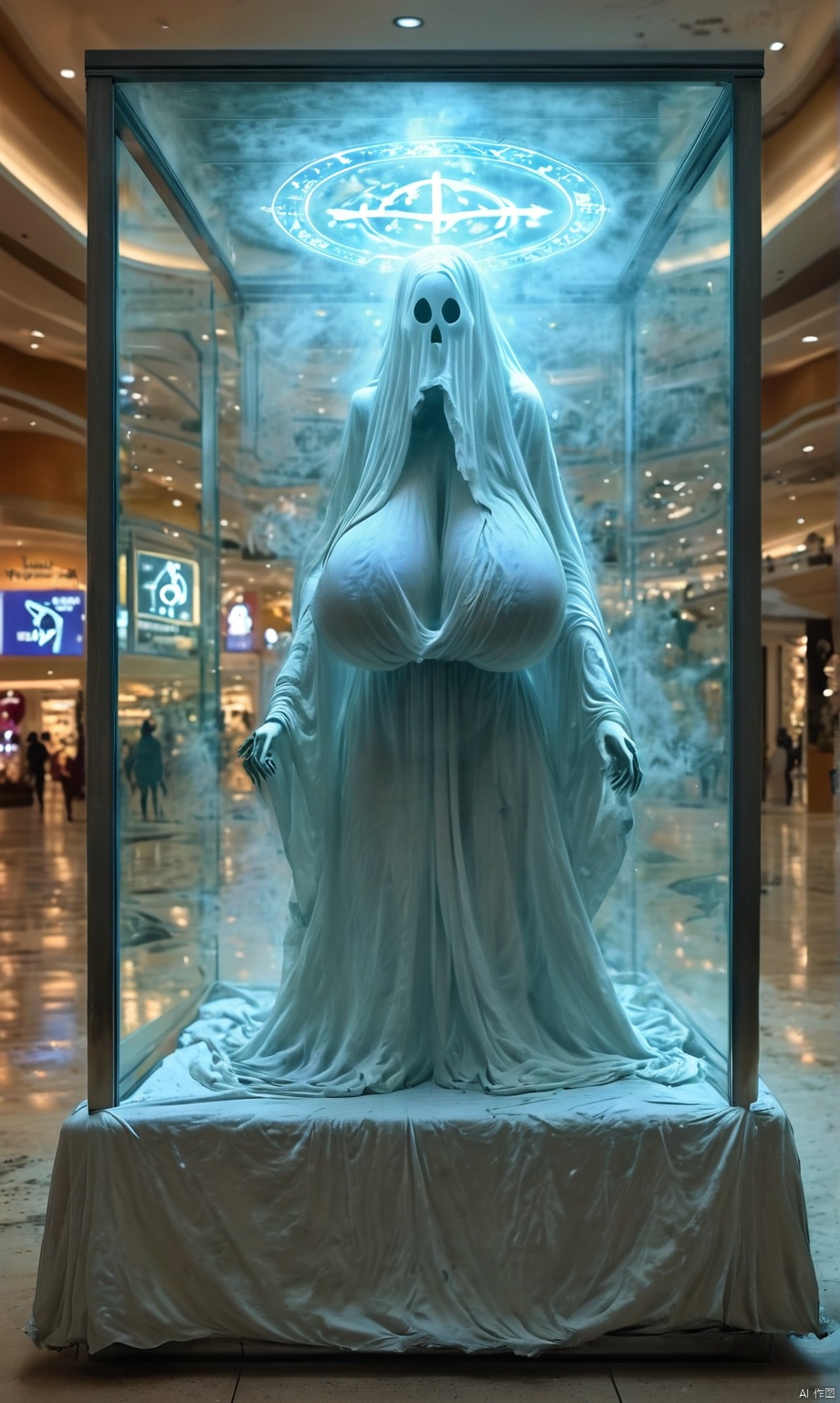 (bedsheet ghost, trapped in a glass enclosure, indoors, abandoned mall lobby background) , glowing (rune symbols equations "DONT TOUCH"),faceless, Huge breasts