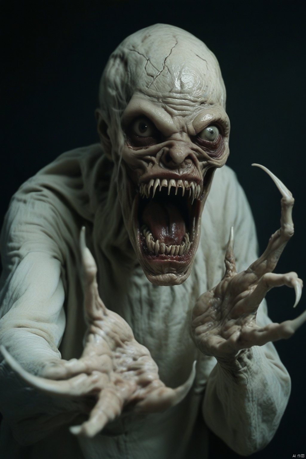 score_9, score_8_up, score_7_up, score_6_up, ((pumpkinhead(character) oversized cranium head)), quarter profile, snarling,, horror (theme), upper body,  teeth, veins, monster, open mouth, simple black background,pumpkinhead(character), flash photo, night photography, reaching toward viewer, long taloned fingers, white eyes, black background, teeth, tail, horror (theme), simple black background,