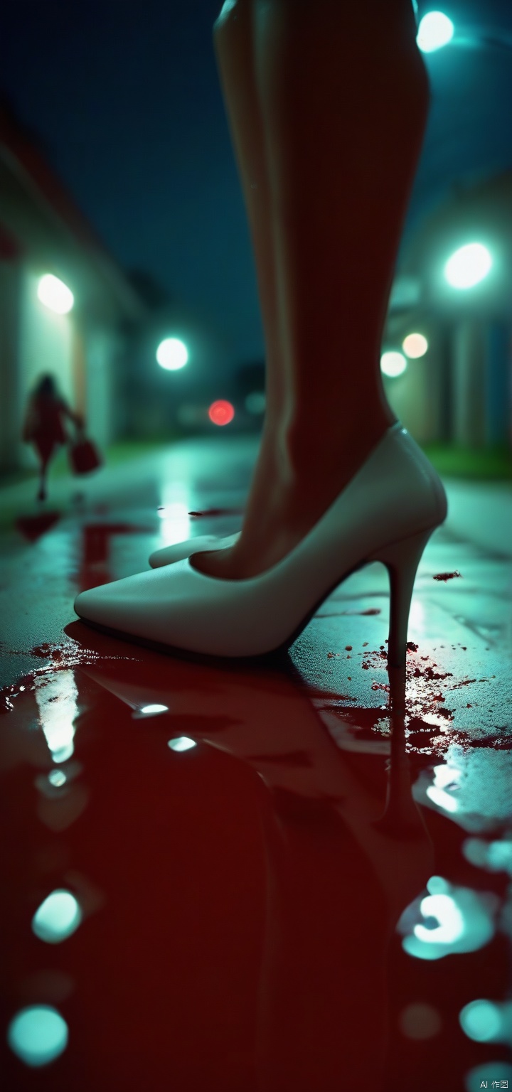closeup, foot shot, high heels, 1girl, white footwear, night, reflection, pool of blood, garage light, blood splatter, shoes, blurry background, walking, depth of field,score_9 score_8_up score_7_up score_6_up, Huge breasts