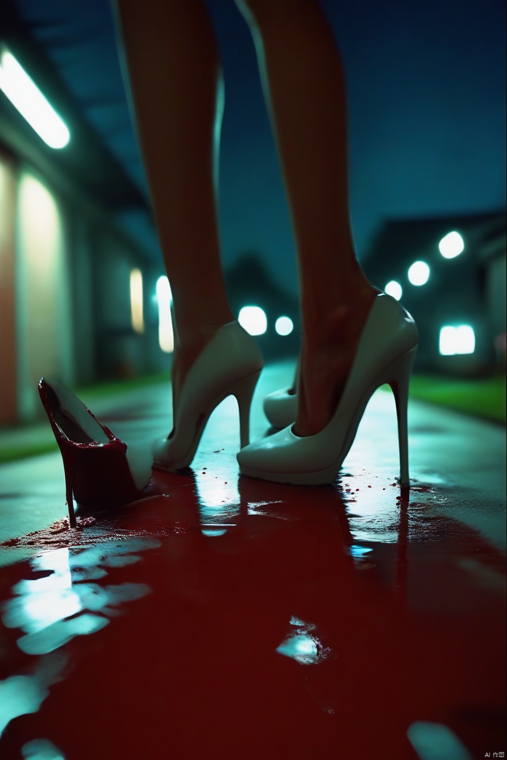 closeup, foot shot, high heels, 1girl, white footwear, night, reflection, pool of blood, garage light, blood splatter, shoes, blurry background, walking, depth of field,score_9 score_8_up score_7_up score_6_up, Huge breasts